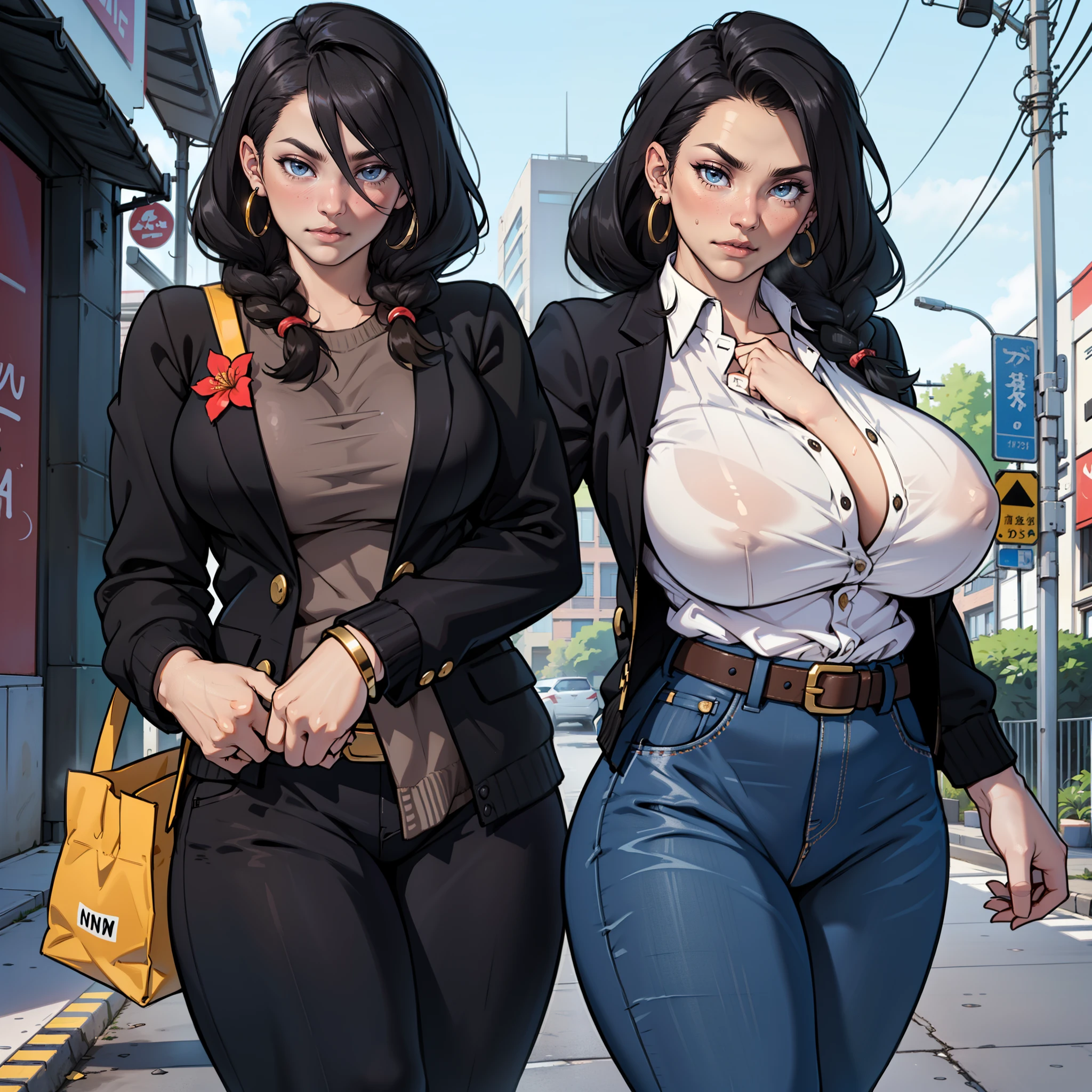 highest quality、High resolution、Detailed Background、(Beautiful face in every detail:1.4)、Anatomically correct、(Draw the usual number of fingers:1.2)、(Detailed facial expressions)、(Detailed eyes:1.2)、(Detailed eyes:1.2)、Beautiful, smooth skin、Beautiful women in their 20s、(Huge breasts:1.2)、(Highly detailed face:1.4)、Brown Hair、Black Hair、Braided long hair、Wavy Hairstyle、Cute hairstyle、well-groomed eyebrows、Perfect body line、Calm atmosphere、Express yourself with confidence、cute gesture、He looks at me with a very trusting expression.、Outdoor Shot、Cowboy Shot、
Pair it with a black tailored jacket and wide leg trousers、
Choose a simple white blouse、Creates a sense of cleanliness、
Choose gold or silver accessories、Gives a simple and sophisticated impression、
Wear black heeled pumps or boots、Tightens the whole、
Choose a midi-length floral dresark the waist with a belt、Tightens the silhouette、
By putting on a cardigan in a calm tone、Adds elegance、
Match it with a bag and pumps in a neutral color.、Putting it all together、very beautiful