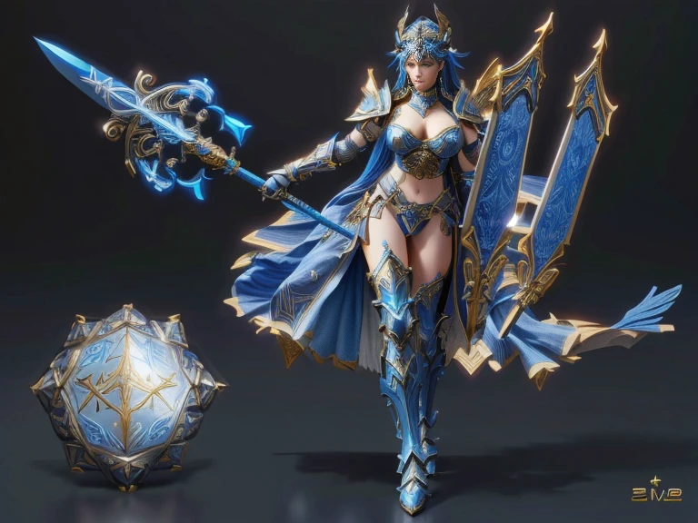 One wearing blue clothes、Close up of woman holding sword, Super detailed fantasy characters, 3D Rendering Character Art 8K, Big Breasts，Cleavage，Bikini armor female knight, 8k high quality detailed art, full body xianxia, 3D Goddess Minerva, Hand painted texture on model, Wow 4k detail fantasy, Epic Mage Girl Character, Valkyrie-style character