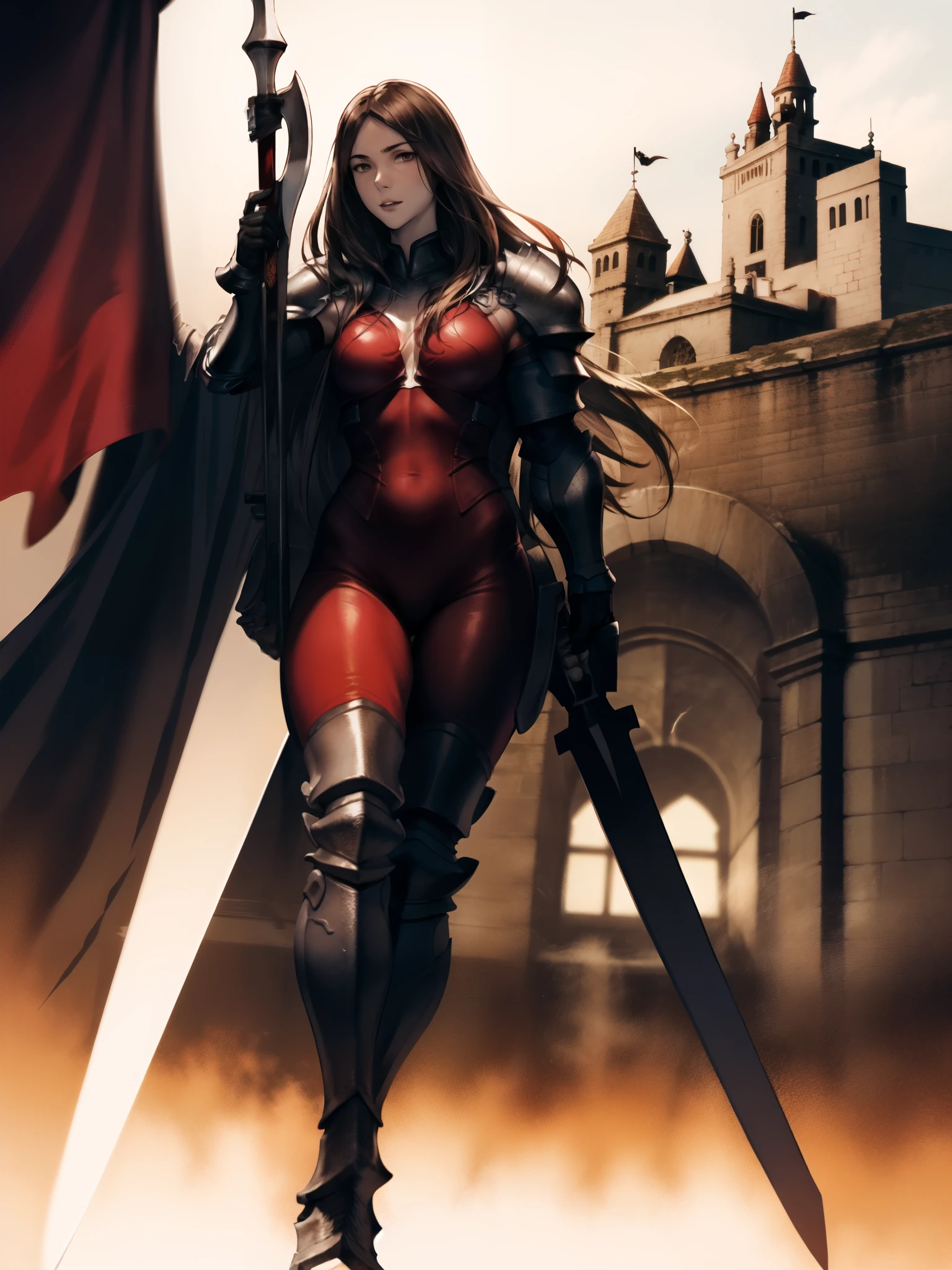 1 long-haired albino female knight, wearing red hood、Wearing heavy armor and carrying a long sword、With the old castle in the background
