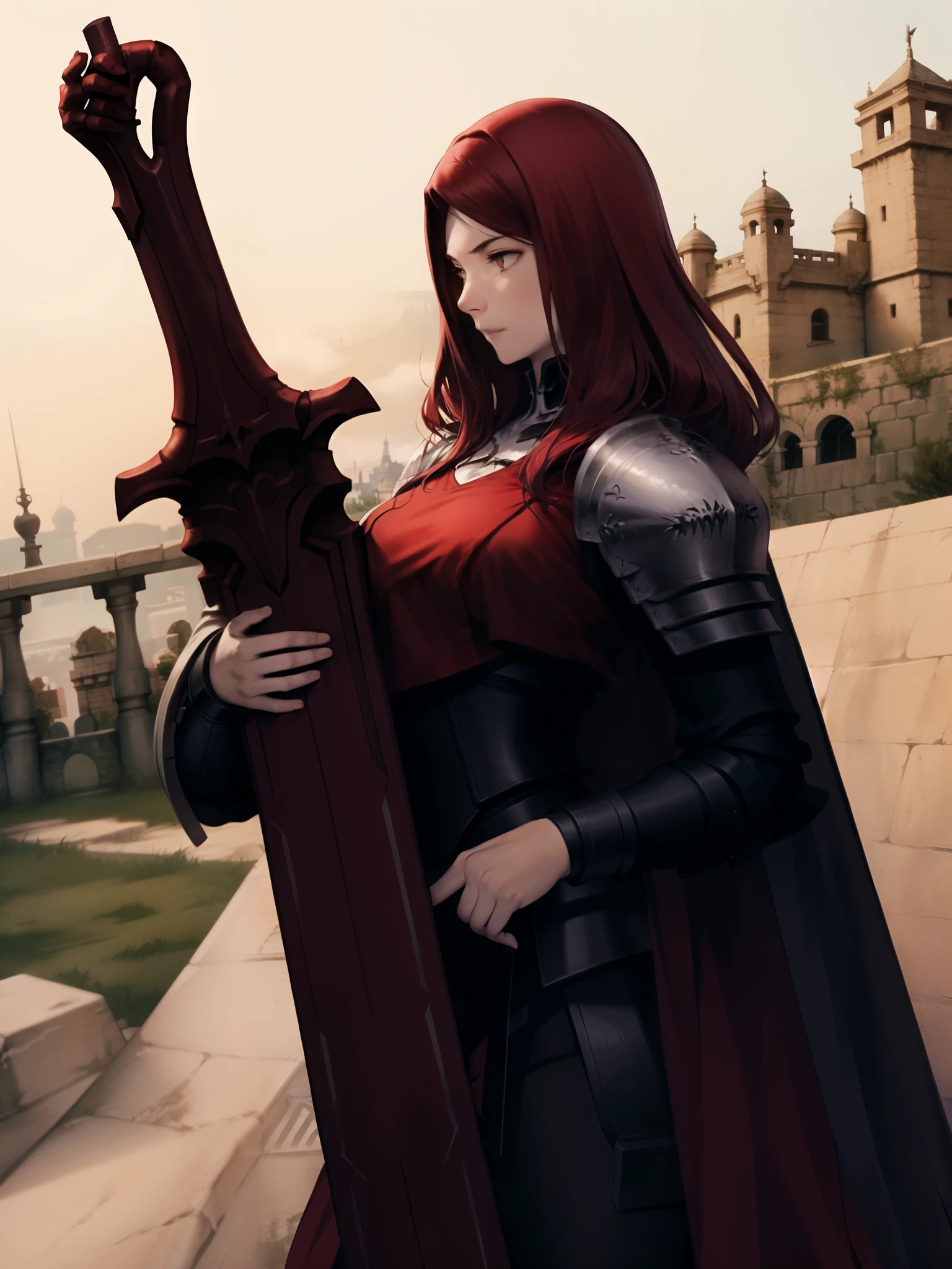 1 long-haired albino female knight, wearing red hood、Wearing heavy armor and carrying a long sword、With the old castle in the background
