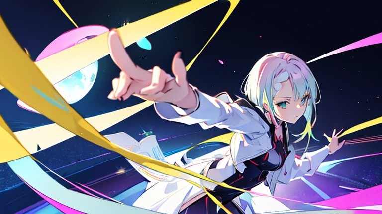 Anime Style,highest quality, masterpiece,green and white hair, iris,Simple Background,One Girl, Exciting movement,Classic