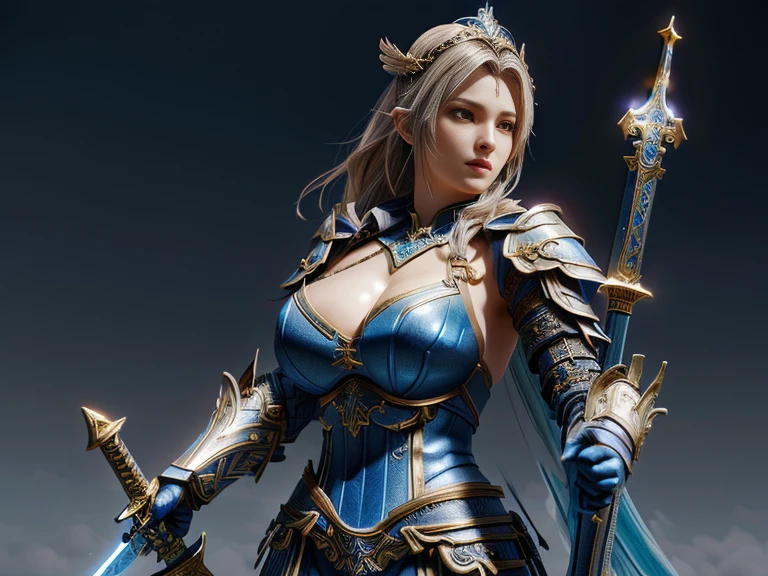 One wearing blue clothes、Close up of woman holding sword, Super detailed fantasy characters, 3D Rendering Character Art 8K, Big Breasts，Cleavage，Bikini armor female knight, 8k high quality detailed art, full body xianxia, 3D Goddess Minerva, Hand painted texture on model, Wow 4k detail fantasy, Epic Mage Girl Character, Valkyrie-style character