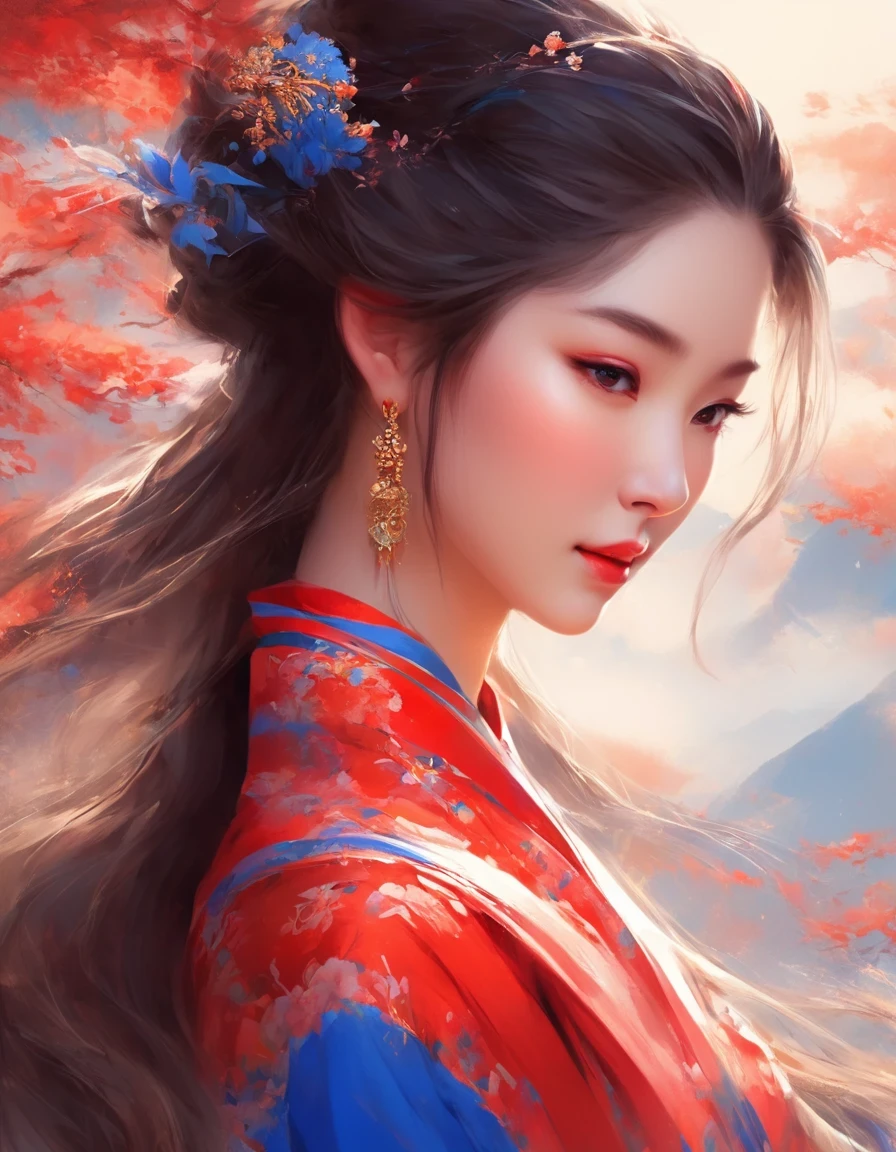 in style of Janet Echelman , character concept design, half body，digital art of A close-up of a smiling woman wearing red and klein blue dress with her eyes closed, background: blue, exquisite digital illustration, palace, girl in hanfu, hot on cgstation, beautiful rendering of tang dynasty, beautiful digital illustration, beautiful digital art, inspired by lanying, inspired by puhua, beautiful fantasy queen, amazing digital illustration, elegant digital art, a beautiful artistic illustration,a beautiful painting by Tan Yin,Lyrical Abstraction, Ethereal Fantasy, Laser-Cut,high detail,hyper quality,high resolution,16K,depth of field (dof),Waist Shot(WS),close up,Soft illumination,