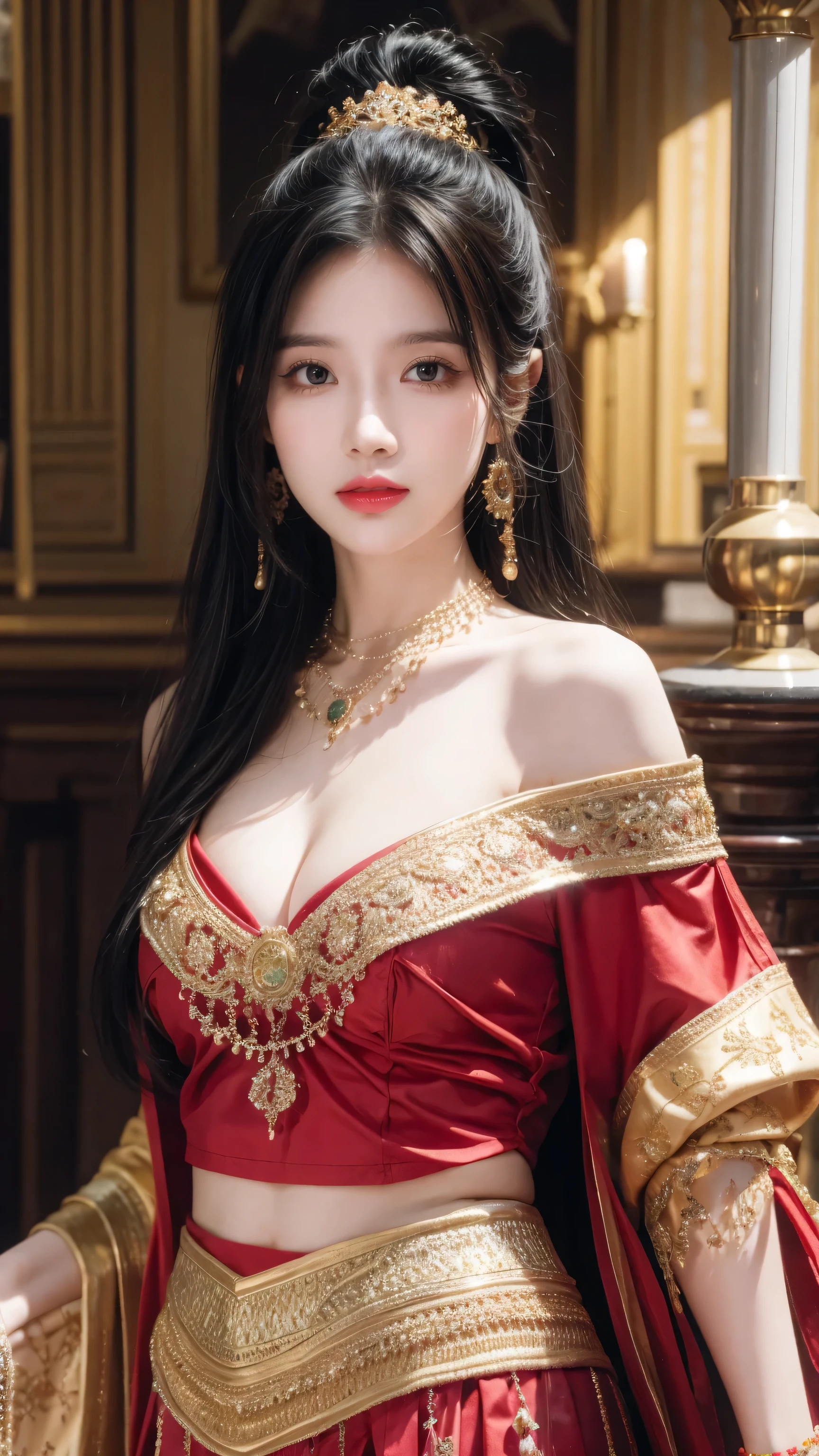 A gypsy with green eyes and black hair, White top with gold medal and red skirt with ruffles, Shell necklace.