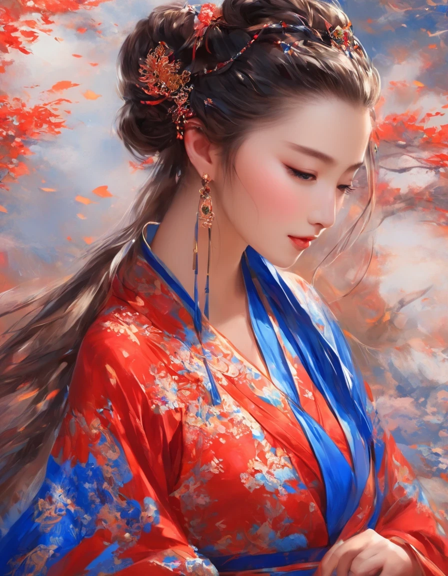 digital art of A close-up of a smiling woman wearing red and klein blue dress with her eyes closed, background: blue, exquisite digital illustration, palace, girl in hanfu, hot on cgstation, beautiful rendering of tang dynasty, beautiful digital illustration, beautiful digital art, inspired by lanying, inspired by puhua, beautiful fantasy queen, amazing digital illustration, elegant digital art, a beautiful artistic illustration,a beautiful painting by Tan Yin,Lyrical Abstraction, Ethereal Fantasy, Laser-Cut,high detail,hyper quality,high resolution,16K,depth of field (dof),Waist Shot(WS),close up,Soft illumination,