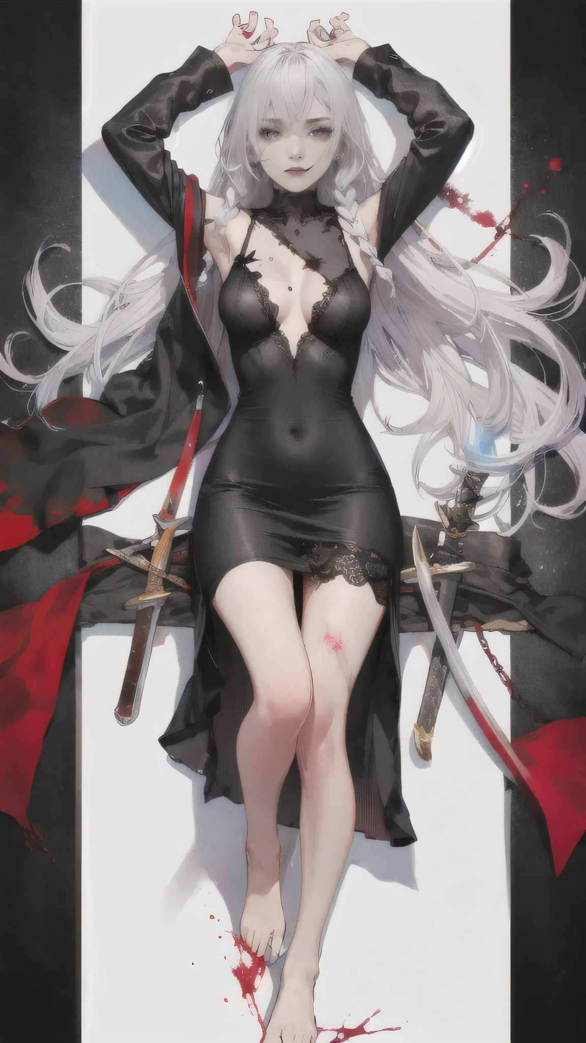 (best quality,highres,ultra-detailed:1.2),a woman with a blood-stained great sword, disheveled hairstyle, long braids, a woman with dyed white hair, 28 years old, wearing a black short-sleeved dress, lace at the hem., alluring atmosphere, charming, beautiful, blood pool at her feet, ((There was blood on my face.:0.8))