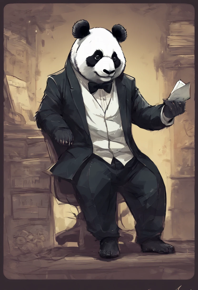 anthropomorphic panda, de cuerpo entero, vestido formalmente con un blazer, sostiene una bandeja, pegatina de panda, sticker de panda.