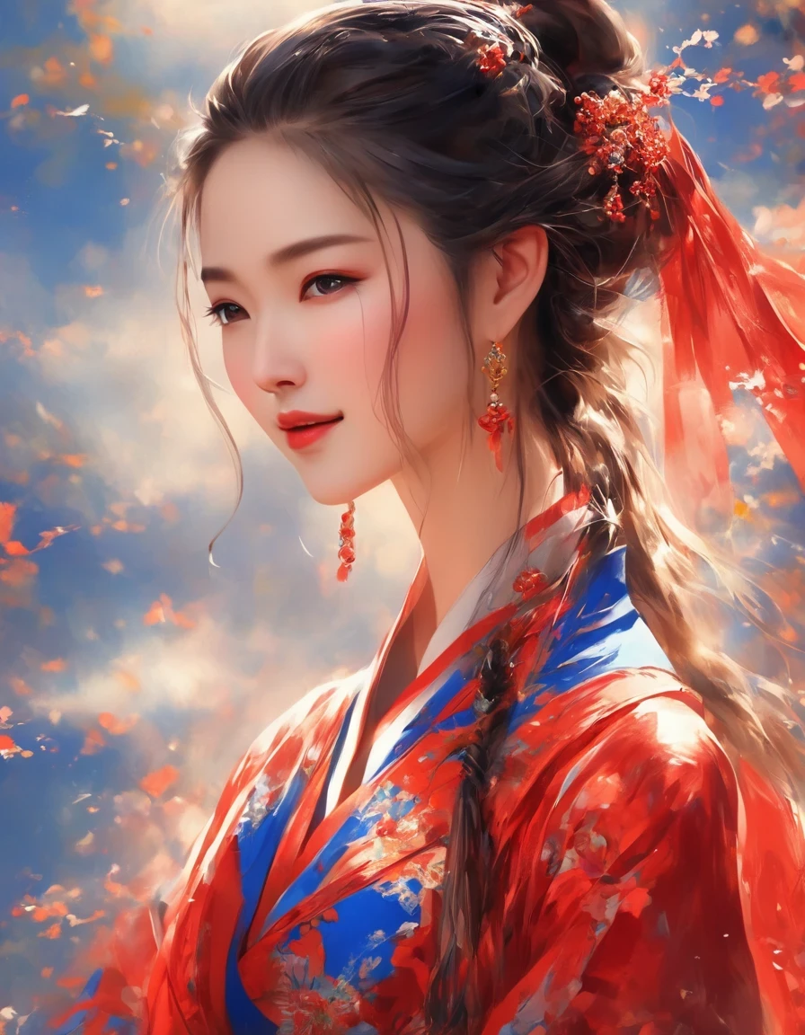 digital art of A close-up of a smiling woman wearing red and klein blue dress with her eyes closed, background: blue, exquisite digital illustration, palace, girl in hanfu, hot on cgstation, beautiful rendering of tang dynasty, beautiful digital illustration, beautiful digital art, inspired by lanying, inspired by puhua, beautiful fantasy queen, amazing digital illustration, elegant digital art, a beautiful artistic illustration,a beautiful painting by Tan Yin,Lyrical Abstraction, Ethereal Fantasy, Laser-Cut,high detail,hyper quality,high resolution,16K,depth of field (dof),Waist Shot(WS),close up,Soft illumination,