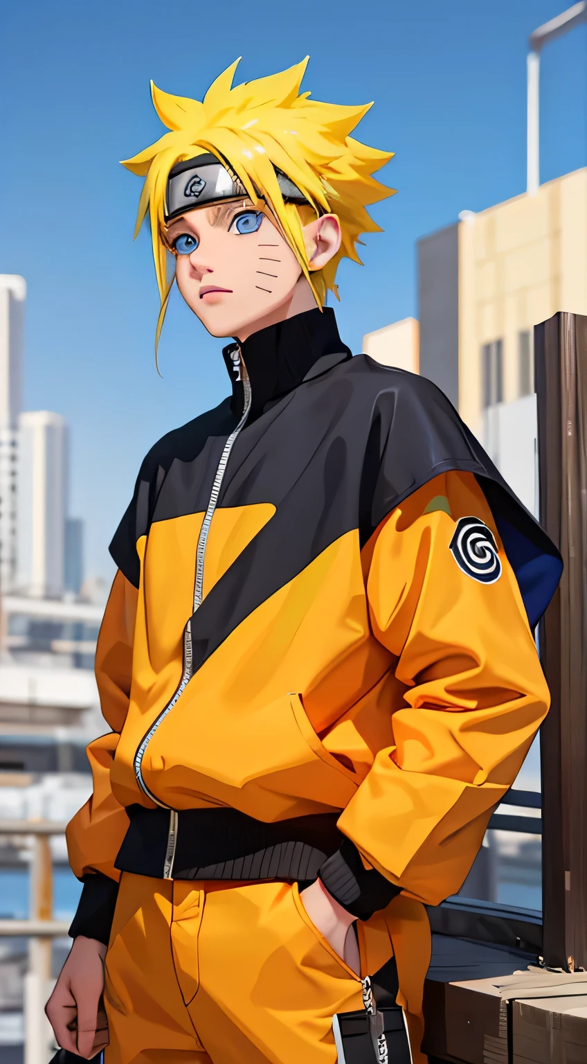 Masterpiece, Superb Style, hypebeast chothes, Outdoor, Upper Body, Uzumaki Naruto, blue eyes, short yellow hair,a boy