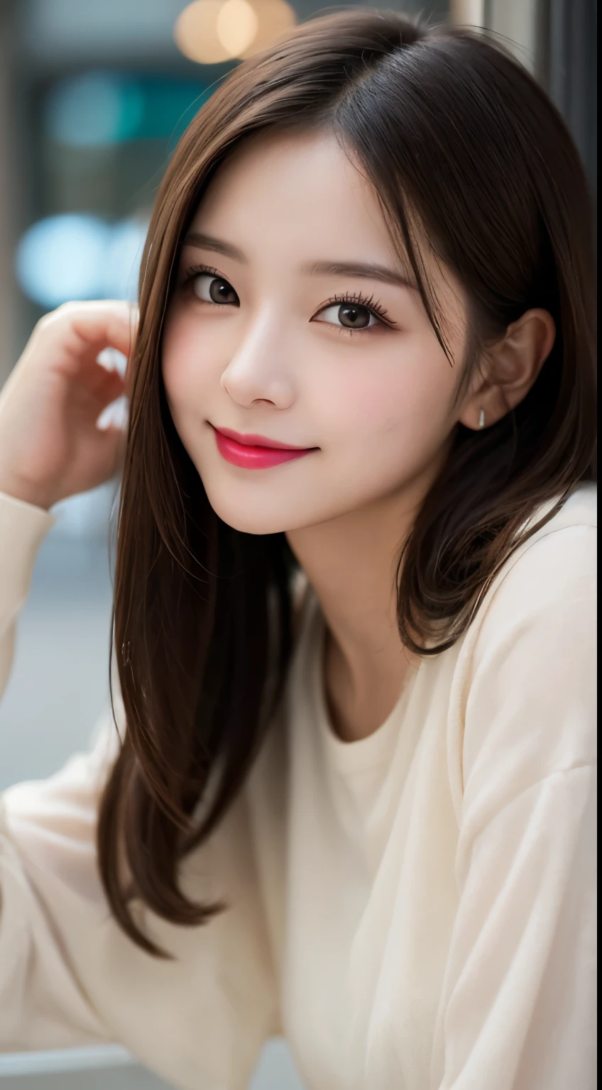 Tabletop, highest quality, shape, Very detailed, finely, High resolution, 8k wallpaper, 完璧なダイナミックな構shape, Beautiful and detailed,ランダムなcute髪,,Natural color lip, Bold sexy pose,smile、20-year-old girl、cute、Looking at the camera,Always blur the background,Perfect and beautiful face,Slim face and figure,Big eyes、Putting on gal makeup,Small face,Shooting from below、smile,Blurred Background,Elegant feminine face、Cyberpunk Fashion、smile