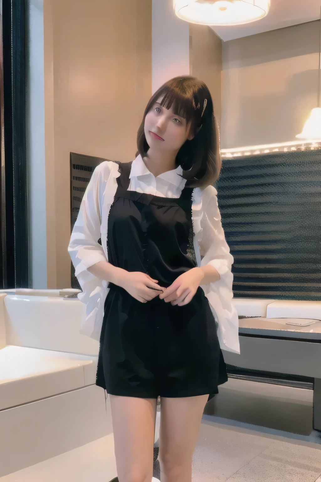 best quality, ultra high resolution, (Fotorealistisch:1.4), schwarzes Haar, bangs, (Kragen:1.3), Full body, suchen_bei_Zuschauer, draussen,