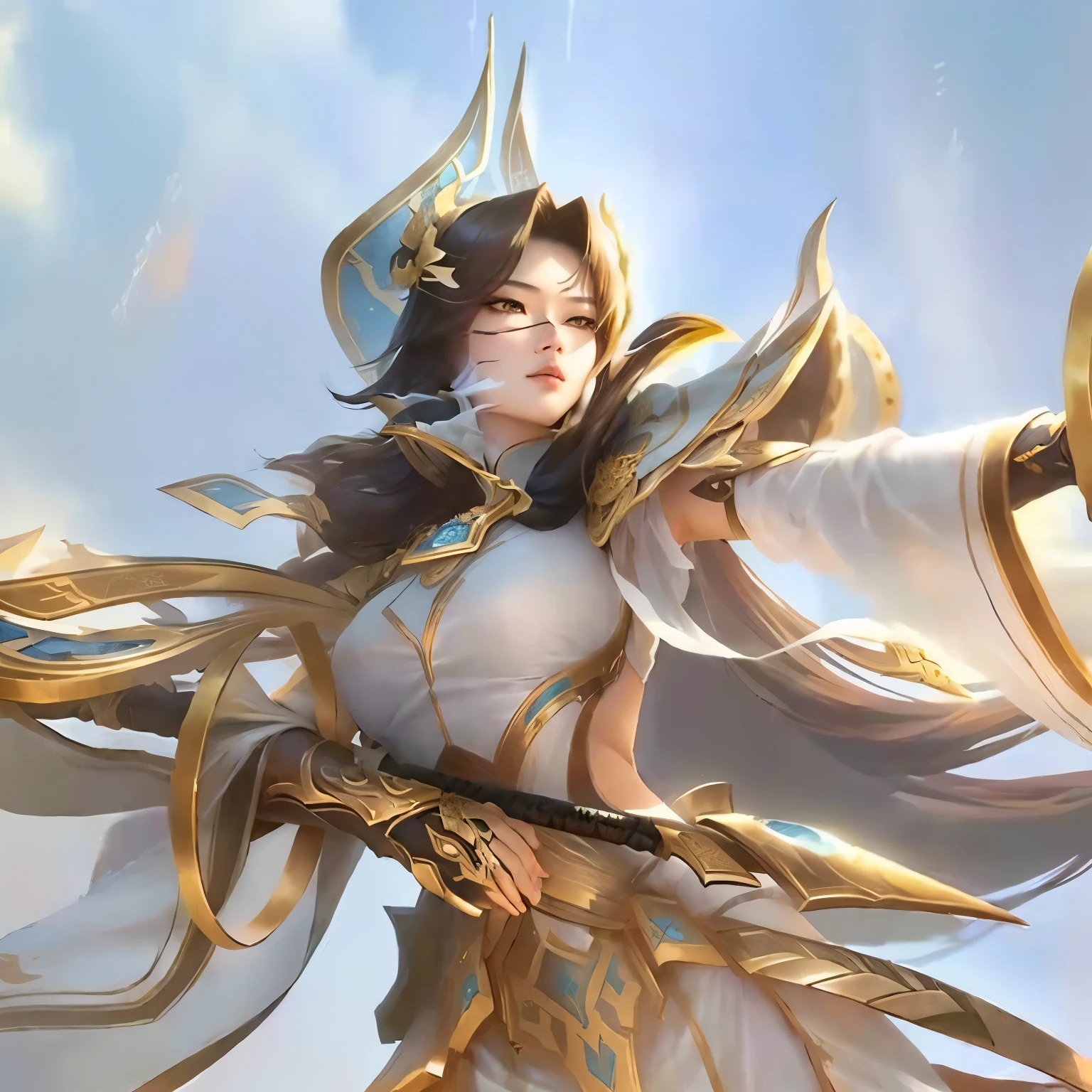 a close up of a woman with a sword and a dress, heise jinyao, zenra taliyah, inspired by Ju Lian, by Yang J, inspired by Huang Shen, inspired by Lan Ying, bian lian, inspired by Li Mei-shu, inspired by Yang Jin, keqing from genshin impact, ruan jia and artgerm