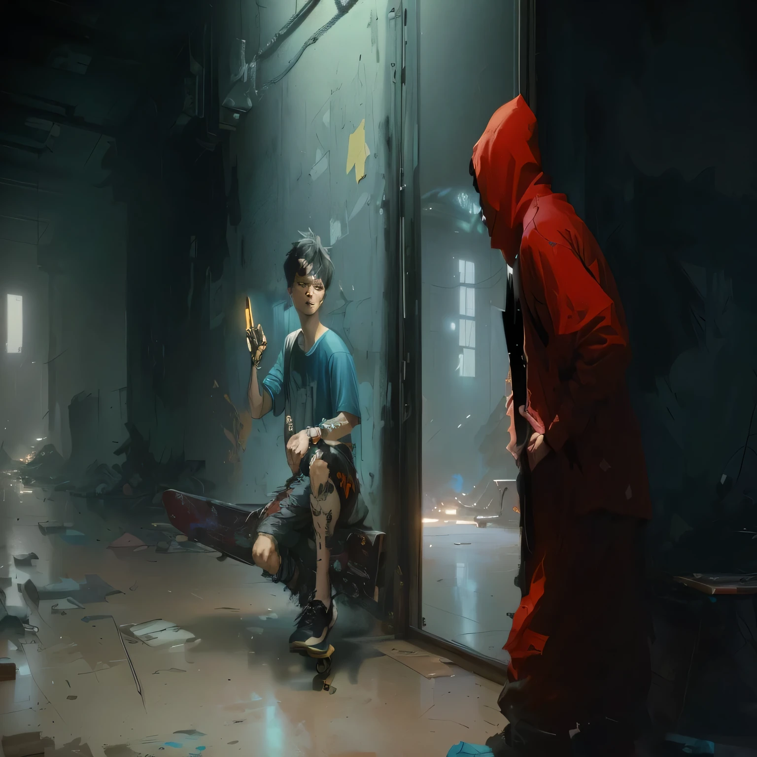painting of a man sitting on a skateboard in a dark room, ismail inceoglu and ruan jia, rob rey and kentaro miura style, ross tran and bayard wu, inspired by Liam Wong, digital painting concept art, concept art of single boy, cyril rolando and goro fujita, rob rey and kentarõ miura style