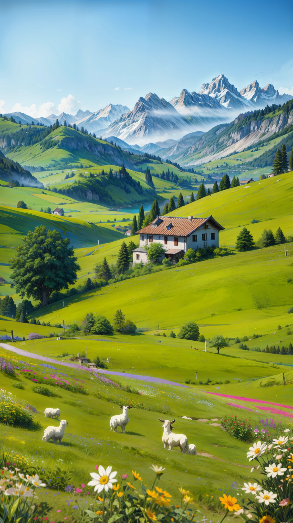 Peaceful and idyllic countryside, Rolling green hills dotted with grazing sheep, Charming villa,Set amidst vibrant flowers, Clear blue sky overhead, Evokes a sense of peace and simplicity, Valle encantador, switzerland, patches of green fields, lush countryside, Valle exuberante,An idyllic village in Milan,,verdant green fields,above a village,Rolling terraces,Colorful garden of flowers and plants,Alpine scenery in the Swiss countryside under the Alps,Carl Stuffer Bern,Majestic nature, Swiss architecture, lindo cenario, rios,waterfallr, anime beautiful peace scene, anime scenery concept art, anime nature, anime painting, anime nature wallpap, beautiful anime scenery, countryside in japan, rural japan, clean anime art, beautiful anime art style, very beautiful matte painting, beautiful nature, 4k hd, beautiful art uhd 4 k, a beautiful artwork illustration, beautiful digital painting, highly detailed digital painting, beautiful digital artwork, detailed painting 4 k, very detailed digital painting, rich picturesque colors, gorgeous digital painting