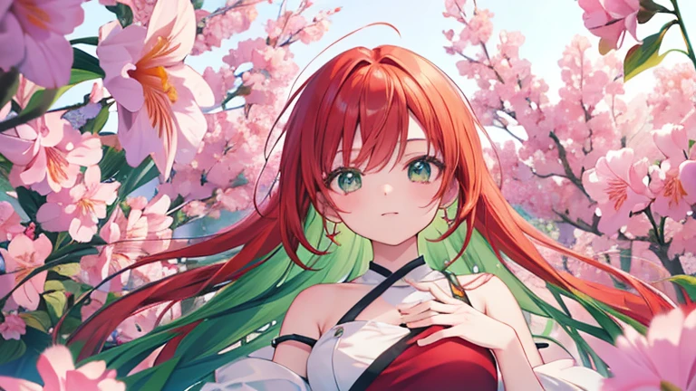 Anime Style,highest quality, masterpiece,Green and red hair,  iris,Simple Background,One Girl, Exciting Moves,Pink flower field