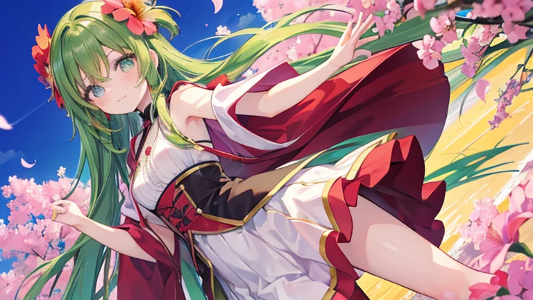 Anime Style,highest quality, masterpiece,Green and red hair, iris,Simple Background,One Girl, Exciting Moves,Pink flower field