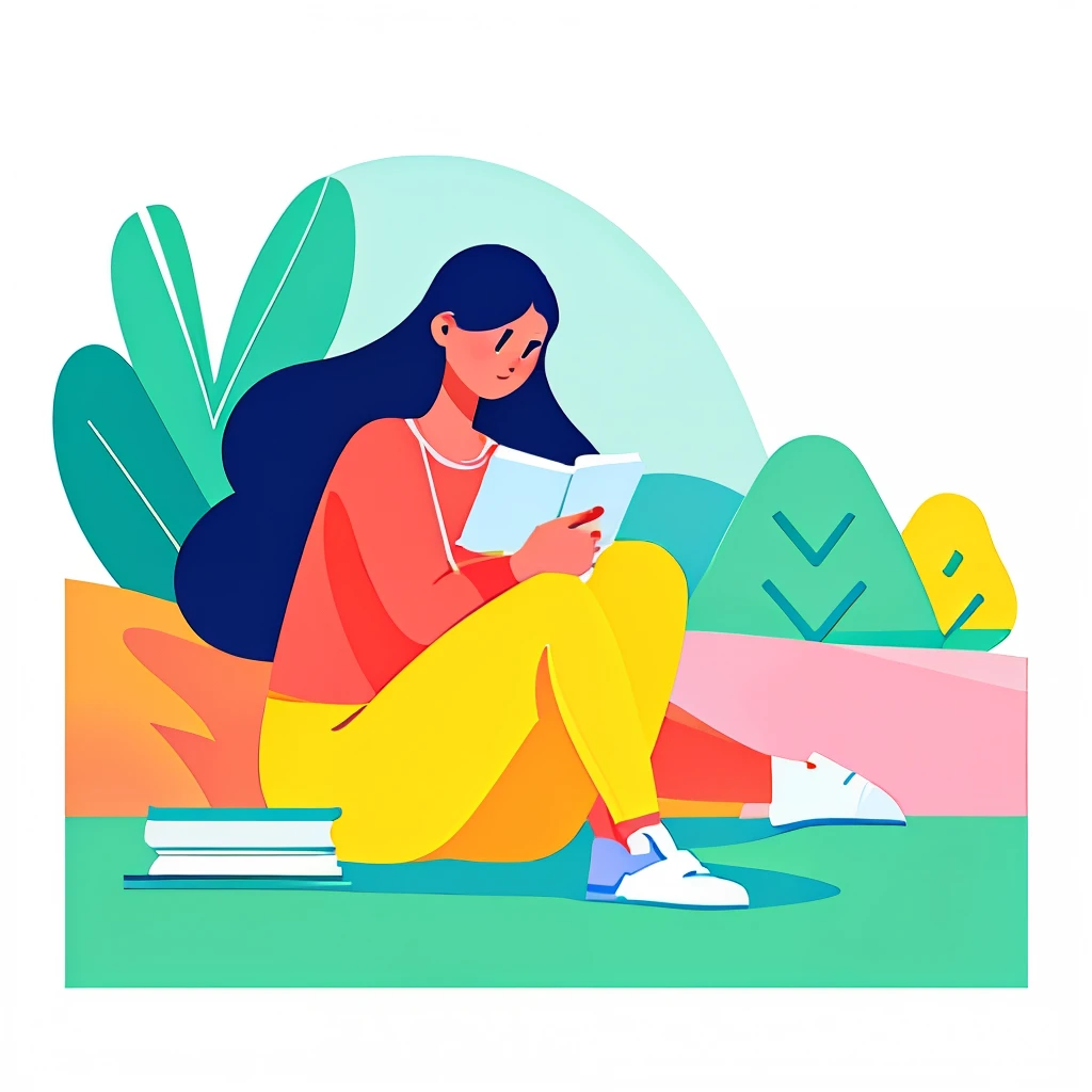 A girl sitting on the ground holding a book in her hand,High quality, high-definition,  bright color scheme ,colorful illustrationseditorial illustrations in pastel, James Gillard's style, flat style illustrations, digital style illustrations, magazine illustrations in modern style, 