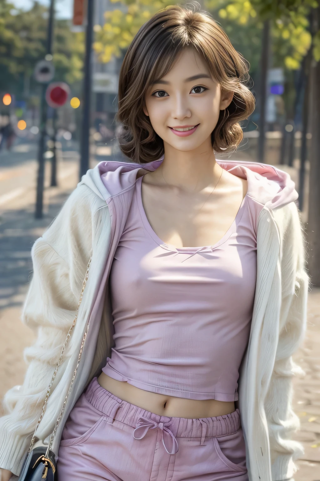 Best Quality, Masterpiece, Beautiful and Aesthetic, 16K, (HDR: 1.4), High Contrast, Bokeh: 1.2, Lens Flare, (Vivid Colors: 1.4),cinematic lighting,depth of field, film lighting, ambient light, side light, exquisite details and textures, cinematic lens, warm tones, (bright and intense: 1.2), wide-angle lens, hyper-realistic, (mideum shot), BREAK 1 girl,Japanese,22 yo,beautifull detailed face,A smile with a little visible teeth,(Slender body:1.5),((Wearing a hoodie)), BREAK pastel tiny tanktop,(cargo shorts:1.3), ((Have a small handbag)), Beautiful detailed skin,Skin Texture,Floating hair over one eye,((fluffy hairstyle)),Black very short  wavy pixie hair,(cleavage),cheerful pose,day,daylight,outdoor,(braless),Glasses,