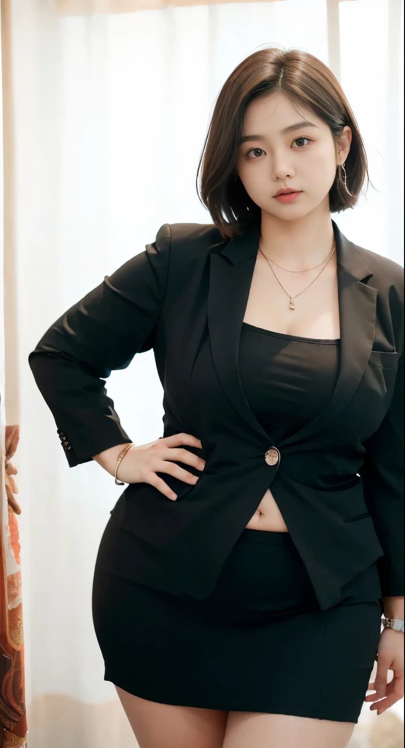realisitic、Curvaceous woman standing alone, Woman in black business suit, with a business suit on, businesswoman, Woman in business suit, Wearing a white collar shirt under a suit、thick skirt、tight skirts、Girl in a suit, female in tight office dress, , Girl in suit, young business woman, in a business suit, business outfit, Wear a suit、Office Suits、、professional photograpy、Does not expose the skin, Japanese Models,、,The skin is not exposed、fleshy body, large boob、 hard 、、big butts、Big belly、thick waist、Body without tone、thick thight、thick arms、Round face、Fat face、chubby cheeks、Sauce order、big eye、A dark-haired、short-haired、Standing facing the front、Left hand pose on the hip、Right hand is down in a pose、Straight back posture、Sun background、chinese-Indonesian woman , full body , bracelet , necklace , , short hairstyle , fat belly , thick hips , dark room , baby face , chubby cheeks , black room , wearing sneakers