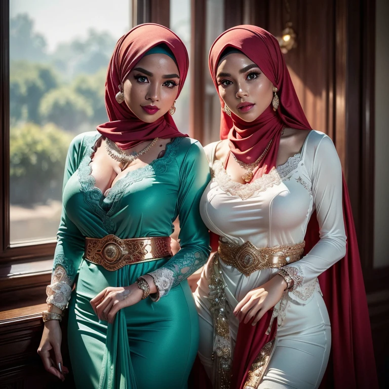 Two:2 Malaysian girls group,malay, The whole body consists of a young girl with hijab, Eye makeup, 21yo, Cat ears, Soft lighting, Solo, Wear shabby clothes, Dirty, Tattered futuristic bikini, Cat's paw badge, Pose, spot color, rendering by octane, Ultra-realistic intricate details, Cinematic, 8K resolution, 70mm, emphasis lighting, Global illumination, Full body portrait, clean detailed faces, Complex clothing, Cute face,  (((wearing a Sexy belt design by LV))) bride very fit physique (38D breast:1.3) , (((Woman with hijab style, hijab prostitute)), (lace stockings), (((Wearing: diamond necklace and earrings))). RAW photo, full sharp, detailed face (high detailed skin:1.2), 8k uhd, dslr, soft lighting, high quality, film grain, Fujifilm XT3, (extremely beautiful face, sexy lips, beautiful red lips, Clear eyes, beautiful eyes), (big green eyes), pretty girl, face forward, intricate detail face, ((ultra detailed skin)) (skin texture, film grain), Detailed beautiful face, natural tpose, natural facial expression, (((Straight breasts))), Surreal full-body figure, Beautiful and delicate body and face, gorgeous figure, ssmile, Titillating，Surreal full-body figure，Beautiful and detailed body and face, Super vista, White skin of the, vivd colour,🔥8k, masterpiece, RAW photo, best quality, (18k detail:1.2), photorealistic, extremely, deep shadow, earrings, bracelets, necklace,