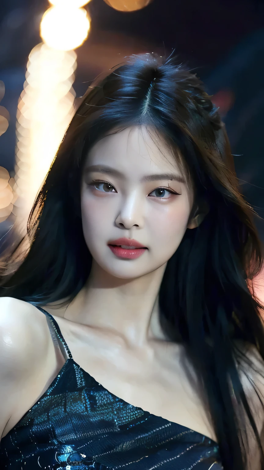 (best quality,4k,8k,highres,masterpiece:1.2),ultra-detailed,(realistic,photorealistic,photo-realistic:1.37),beautiful detailed eyes,beautiful detailed lips,extremely detailed eyes and face,longeyelashes,1girl,jennie blackpink,portrait,photography,vivid colors,warm tones,soft lighting,stylish outfit,confident pose,subtle smile,black hair,navy blue top,fine jewelry,cityscape background,nighttime atmosphere,bokeh