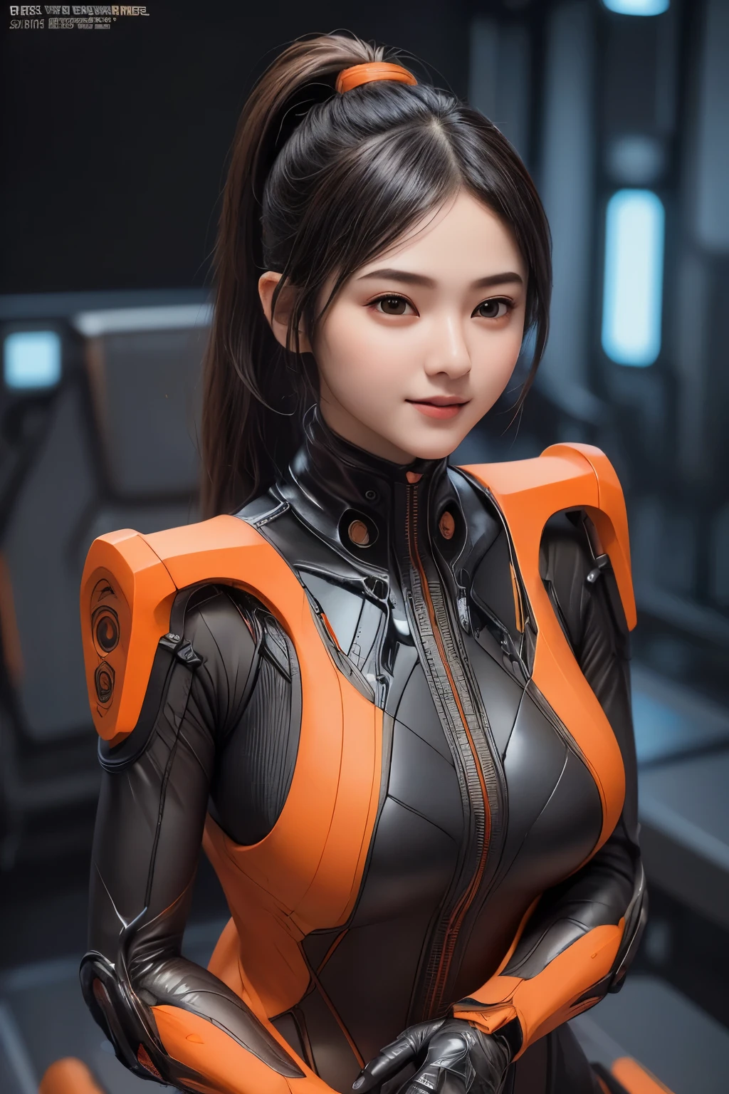 Top Quality, Masterpiece, Ultra High Resolution, (Photorealistic: 1.4), Raw Photo, 1 Girl, Black Hair, Glossy Skin, 1 Mechanical Girl, (((Ultra Realistic Details)), Portrait, Global Illumination, Shadows, Octane Rendering, 8K, Ultra Sharp, Intricate Ornaments Details, she is wearing a Futuristic Gaming Headphone, nixie suga,  very intricate detail, realistic light, CGStation trend, brown eyes, glowing eyes, (matte black and glossy orange tight fabric suit with glowing orange parts on her fabric suit) , Long hair, Ponytail hair, Half body shot, spaceship bridge background, dynamic pose, dynamic stand, close up, smiling