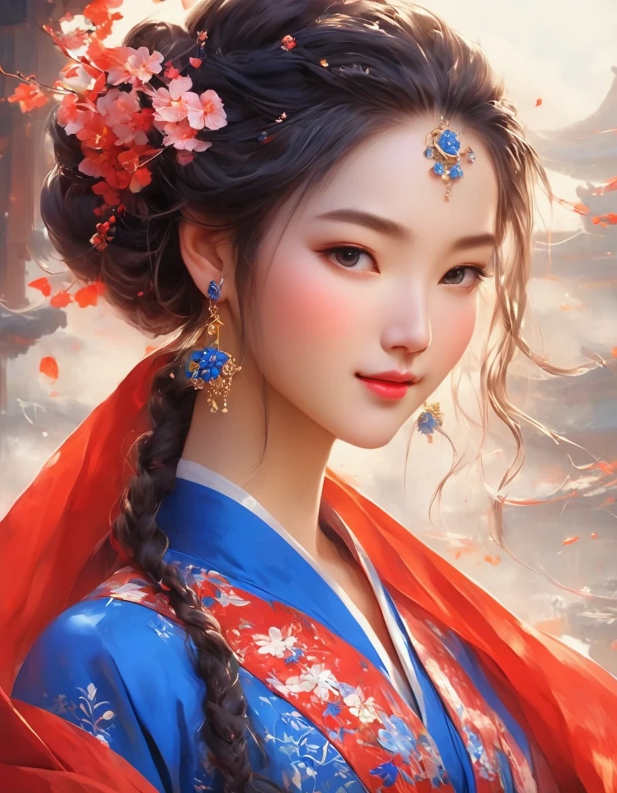 digital art of A close-up of a smiling woman wearing red and klein blue dress with her eyes closed, background: blue, exquisite digital illustration, palace, girl in hanfu, hot on cgstation, beautiful rendering of tang dynasty, beautiful digital illustration, beautiful digital art, inspired by lanying, inspired by puhua, beautiful fantasy queen, amazing digital illustration, elegant digital art, a beautiful artistic illustration,a beautiful painting by Tan Yin,Lyrical Abstraction, Ethereal Fantasy, Laser-Cut,high detail,hyper quality,high resolution,16K,depth of field (dof),Waist Shot(WS),close up,Soft illumination,