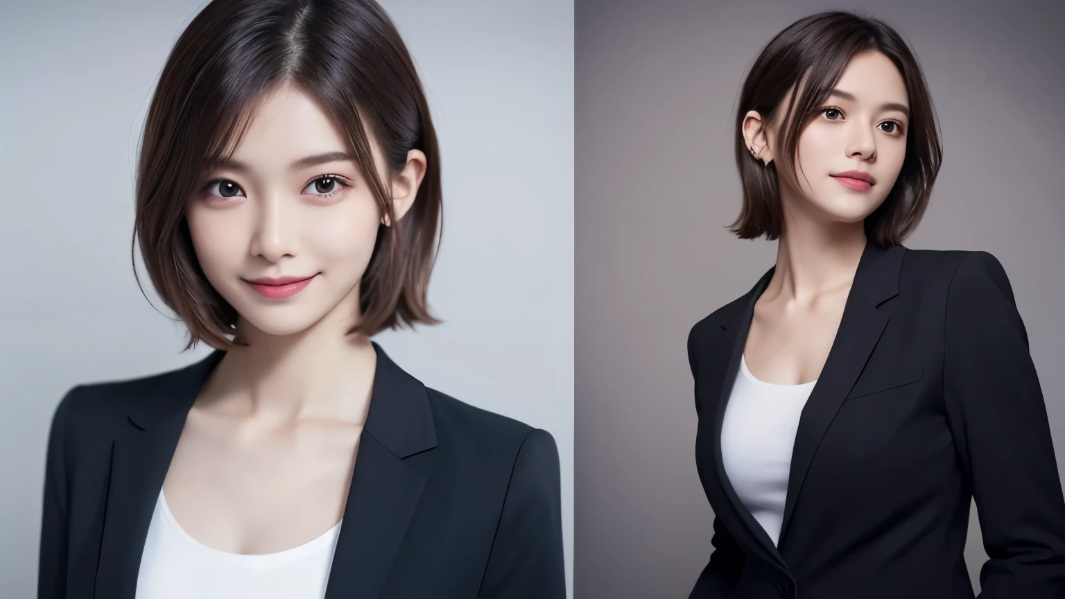 One Girl, (Dress in trendy fashion:1.2), (RAW Photos, highest quality), (Realistic, Photorealistic:1.4), Tabletop, Very delicate and beautiful, Very detailed, 2k wallpaper, wonderful, In detail, Very detailedな CG Unity 8K 壁紙, Very detailedな, High resolution, Soft Light, Beautiful detailed girl, looking at the camera、Very detailedな目と顔, Beautifully detailed nose, Beautiful fine details, short hair, small, High-end black suit、White background、Background is white、Cinema Lighting, Perfect ???????, Slender body, smile,