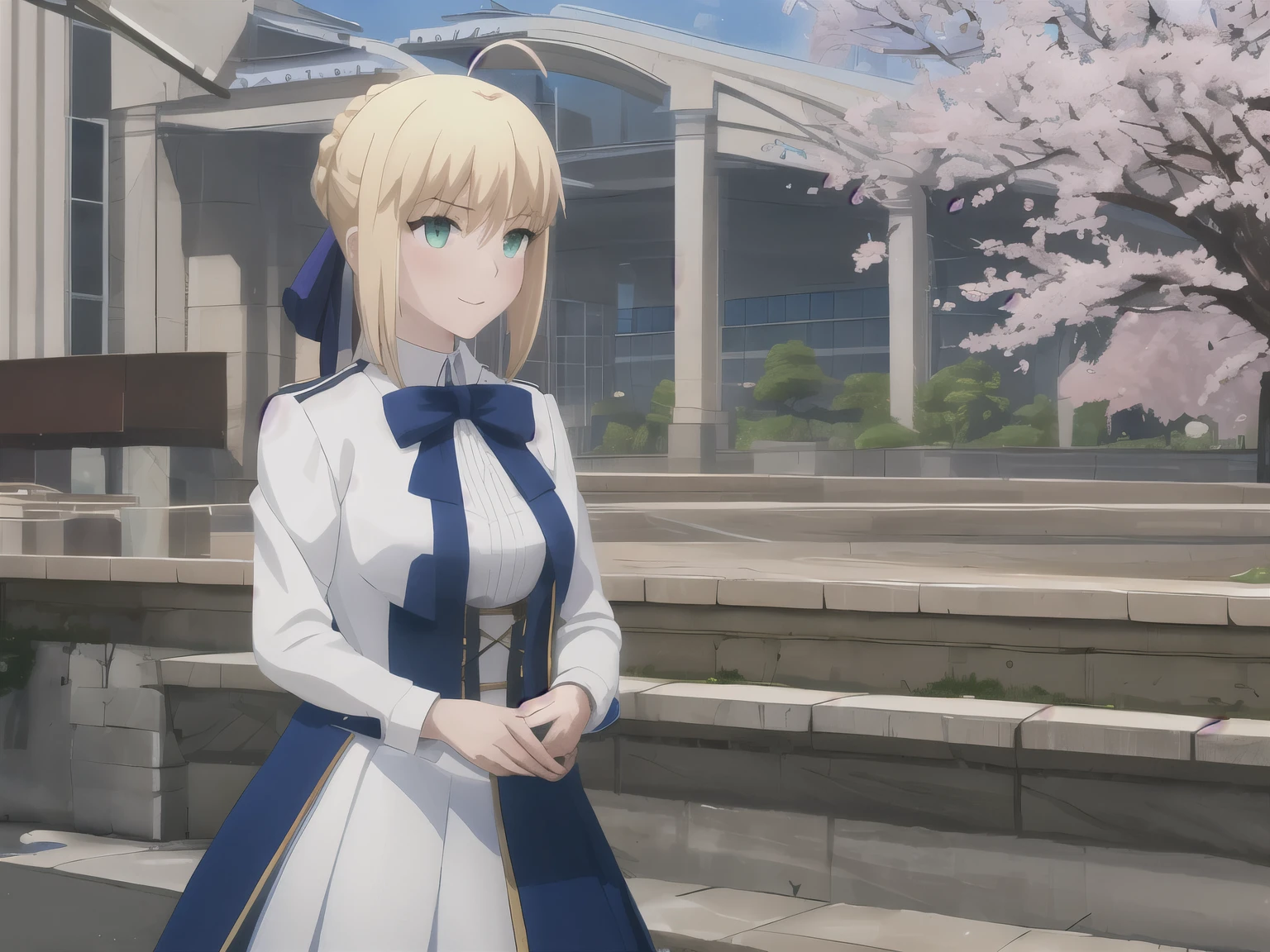 best quality, masterpiece, highres, ray_tracing_graphic, solo, adult_female, {saber_fatestaynightufotable:1.15}, blonde_hair, little_ahoge, green_eyes, blue_ribbon, 1girl, anime_coloring, upper_body, happy, little_smile, five_fingers, blush, large_breasts, white_skirt, blue_school_jacket, blue_skirt, from_the_front, sakura_tree, sakura_festival