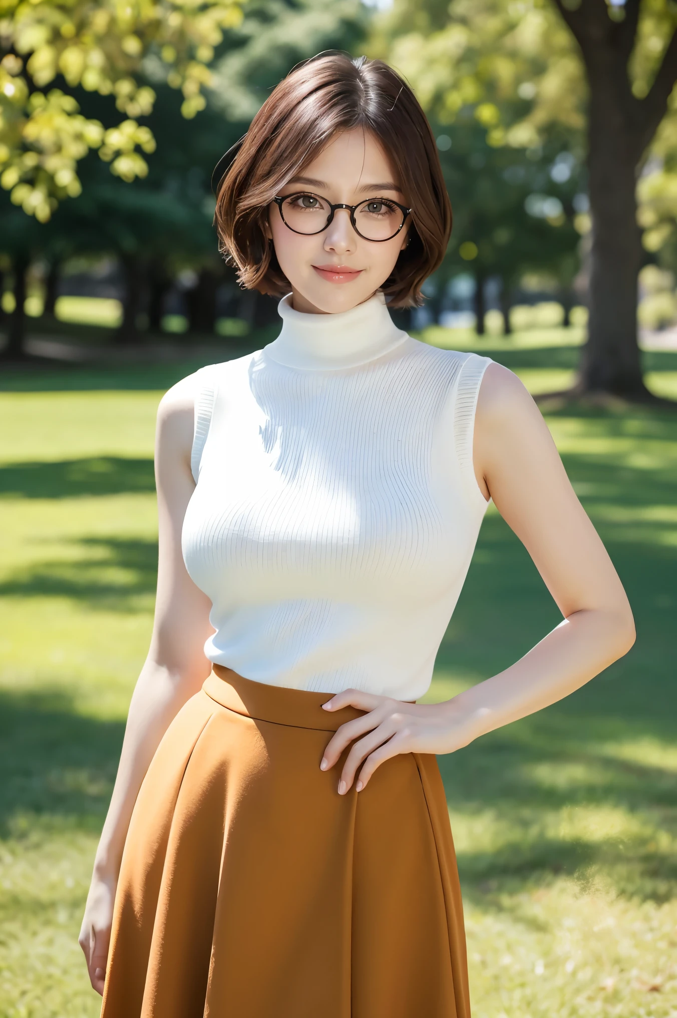 (highest quality、Tabletop、8k、Best image quality、Award-winning works)、One beautiful woman、Age 25、(alone:1.1)、Perfect beautiful composition、(Accentuate your body lines:1.1)、( Very short bob hair:1.1)、(Perfect white turtleneck sleeveless knit sweater:1.2)、(Bare arms:1.2)、(Classy and perfect round glasses:1.2)、(Too big breasts:1.3)、(Elegant red melton skirt:1.2)、Full body photo、Look at me and smile、(Accurate city park background with strong blur:1.1)、Standing Elegantly、Droopy eyes、Natural Makeup、Ultra-high definition beauty face、Ultra HD Hair、Ultra high resolution glowing eyes、Super high quality glossy lip、(Accurate anatomy:1.1)、(very bright and vivid:1.1)