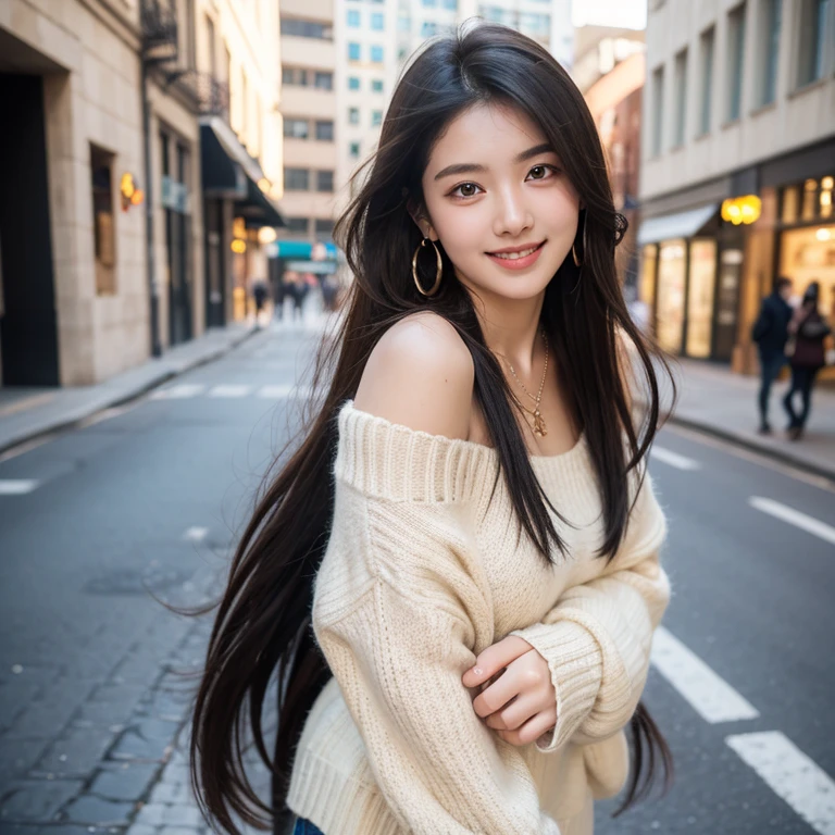 1girl in, age19, Solo, Long hair, Colossal , Looking at Viewer,messy black long hair, Bare shoulders, Brown eyes, Full body, earrings, necklace, off shoulders, dark yellow knitted sweaters,  Realistic, A sexy, smile and looking viewer, street background