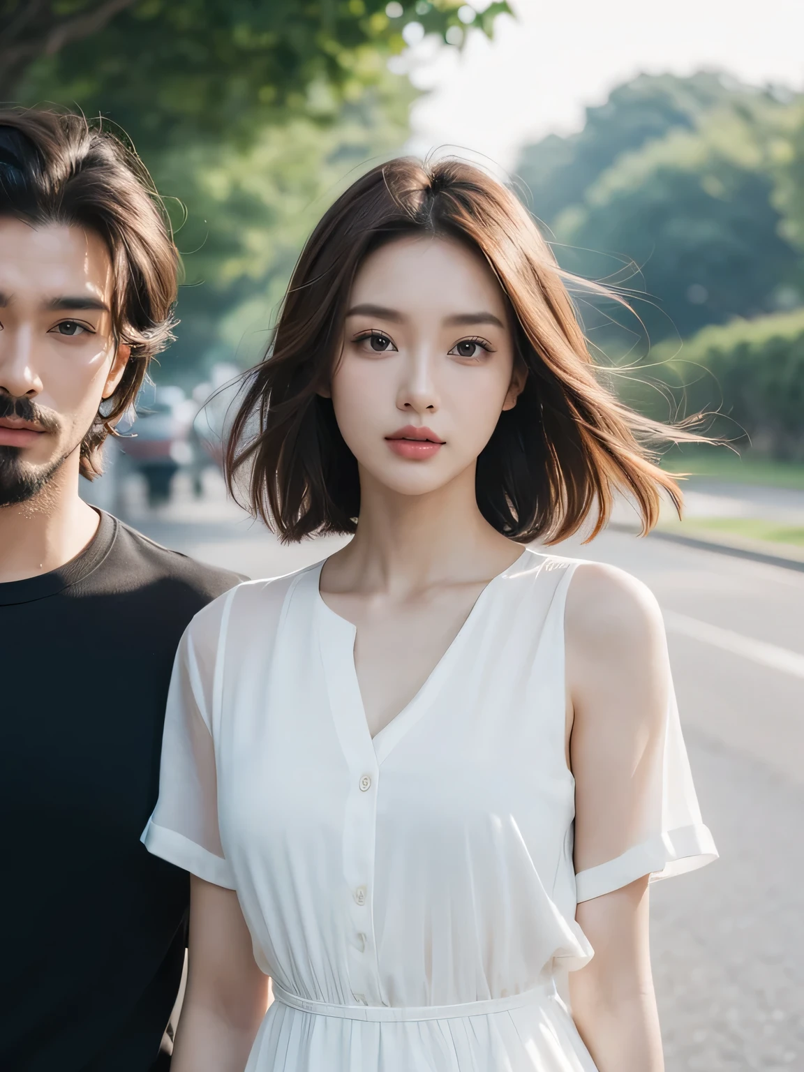 A man and a woman stand side by side, image, Adam Dario Kill(Adam Dario Keel)Works inspired by, Trending in the CG community, Beautiful young Korean woman(brown hair, bob hair, layer cut, shaking in the wind, forehead), blouse shirt, movie screencap, Model Elisajes from acquamodels