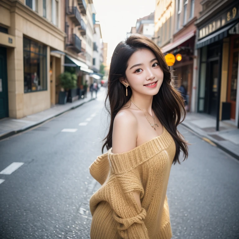 1girl in, age19, Solo, Long hair, Colossal , Looking at Viewer,messy black long hair, Bare shoulders, Brown eyes, Full body, earrings, necklace, off shoulders, dark yellow knitted sweaters, Realistic, A sexy, smile and looking viewer, street background