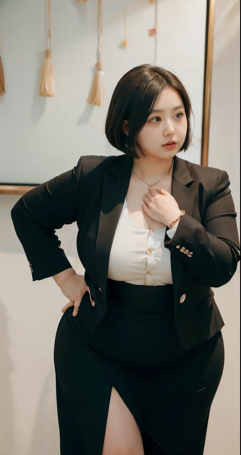 realisitic、Curvaceous woman standing alone, Woman in black business suit, with a business suit on, businesswoman, Woman in business suit, Wearing a white collar shirt under a suit、thick skirt、tight skirts、Girl in a suit, female in tight office dress, , Girl in suit, young business woman, in a business suit, business outfit, Wear a suit、Office Suits、、professional photograpy、Does not expose the skin, Japanese Models,、,The skin is not exposed、fleshy body, large boob、 hard 、、big butts、Big belly、thick waist、Body without tone、thick thight、thick arms、Round face、Fat face、chubby cheeks、Sauce order、big eye、A dark-haired、short-haired、Standing facing the front、Left hand pose on the hip、Right hand is down in a pose、Straight back posture、Sun background、chinese-Indonesian woman , full body , bracelet , necklace , , short hairstyle , fat belly , thick hips , dark room , baby face , chubby cheeks , black room