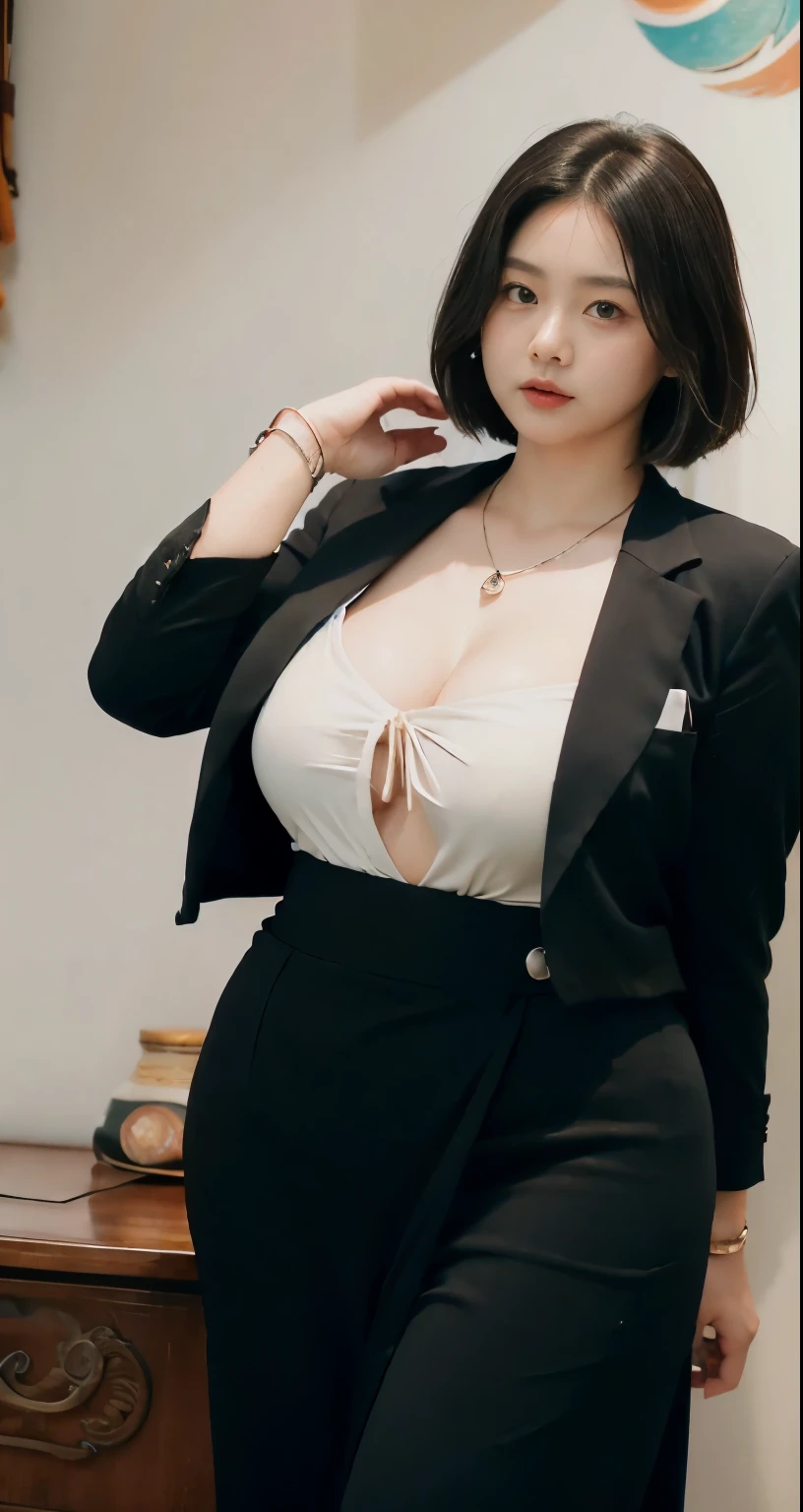 realisitic、Curvaceous woman standing alone, Woman in black business suit, with a business suit on, businesswoman, Woman in business suit, Wearing a white collar shirt under a suit、thick skirt、tight skirts、Girl in a suit, female in tight office dress, , Girl in suit, young business woman, in a business suit, business outfit, Wear a suit、Office Suits、、professional photograpy、Does not expose the skin, Japanese Models,、,The skin is not exposed、fleshy body, large boob、 hard 、、big butts、Big belly、thick waist、Body without tone、thick thight、thick arms、Round face、Fat face、chubby cheeks、Sauce order、big eye、A dark-haired、short-haired、Standing facing the front、Left hand pose on the hip、Right hand is down in a pose、Straight back posture、Sun background、chinese-Indonesian woman , full body , bracelet , necklace , , short hairstyle , fat belly , thick hips , dark room , baby face , chubby cheeks , black room