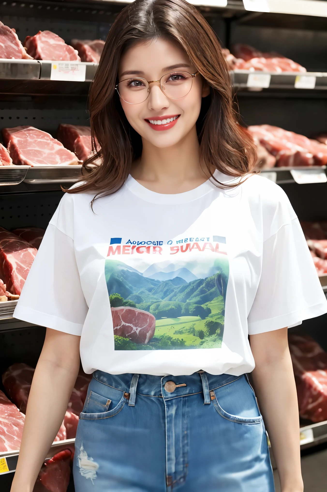 (highest quality、masterpiece、8k、Best image quality、Hyperrealism、Award-winning works)、(1 45 year old mature woman:1.2)、(45 year old mature woman:1.2)、(Wrinkled face:1.2)、(Slender body:1.1)、(Big Breasts:1.25)、The most elegant long wavy hairstyle、(Accentuate your body lines:1.1)、(A white short-sleeved T-shirt with a beautiful natural landscape printed on it:1.2)、(Damaged Denim Shorts:1.1)、(Standing Elegantly:1.2)、(Meat specialty store:1.1)、(Strongly blurred background:1.2)、The most natural and perfect meat specialty store、A large amount of meat for sale、The most natural interior, Perfectly organized、(Shelves filled with meat:1.2)、(There are many chunks of meat lined up:1.2)、(Super bright and radiant skin:1.4)、(Very bright:1.3)、walk gracefully down the aisle、The best smile when you see me、Upper body photo、Accurate anatomy、Perfect Makeup、Long eyelashes、Bright lipstick、Beautiful glossy lips、Ultra-high definition glossy skin、Ultra-high definition, radiant skin、Ultra High Resolution Glossy Lips、(Ultra-high definition beautiful teeth:1.1)、(Classy glasses:1.1)、(Very bright and shiny t-shirt:1.3)、(Super bright and radiant skin:1.3)、(very bright and highly saturated:1.3)、(A powerful, huge chunk of meat:1.2)、Smile widely and show your teeth、(Has a large chunk of meat:1.1)