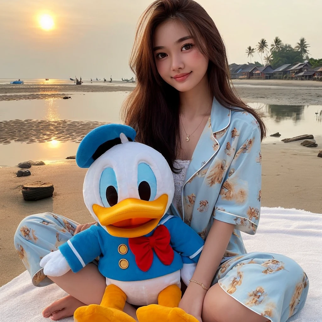 a beautiful 25 year old Indonesian girl wearing a nightgown, pajamas, trousers. was sitting holding a large Donald Duck doll. low tide beach background.