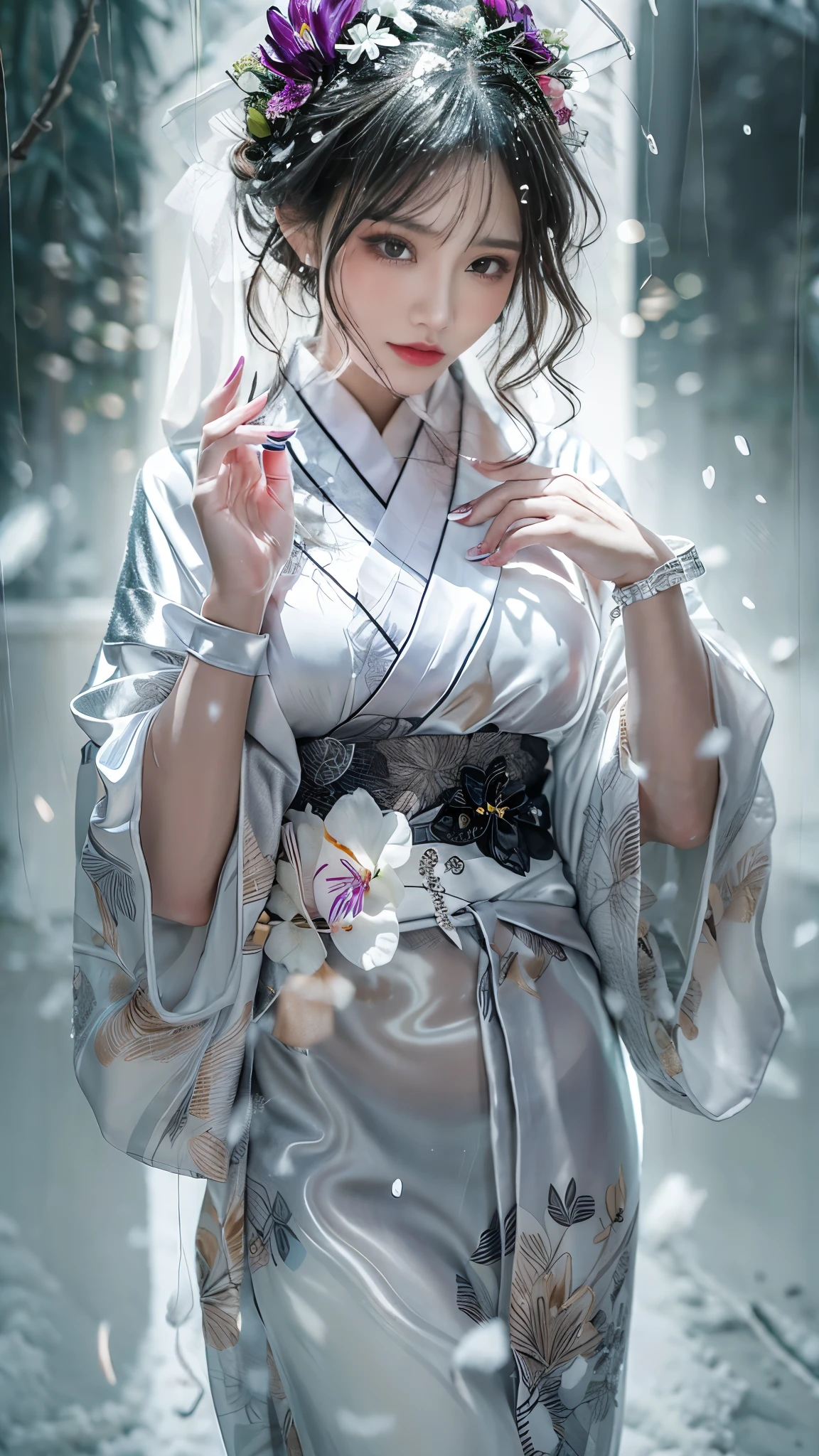 (Realistic:1.3, 16k, highest quality, masterpiece, Ultra-high resolution), (((heavy snow, From below))), Perfect dynamic composition:1.2, (Shrine at night in a modern city, Expressions of sadness:0.9, Low angle shooting:0.9), Highly detailed skin and facial textures:1.2, Young woman getting wet in the rain, Fair skin, Sexy beauty, Incredibly slim body, beautifully、beautiful, Very beautiful face, Water droplets on the skin, (The rain drips down on my body, Wet body, Wet Hair), (Professional kimono dressing, Holding a bouquet of wet lilies, Wearing a wet silver kimono), (Shapely breasts,Chest gap), (Big eyes that exude beautiful eroticism:0.5, Lips that exude beautiful eroticism:0.5), necklace, Earrings, bracelet, wedding ring, Highly detailed and accurate hand and finger representation