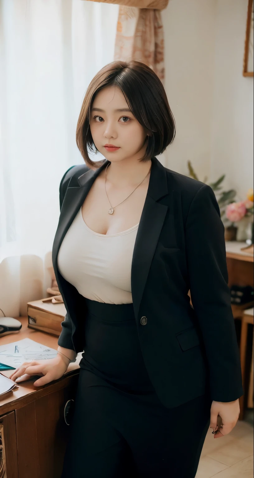 realisitic、Curvaceous woman standing alone, Woman in black business suit, with a business suit on, businesswoman, Woman in business suit, Wearing a white collar shirt under a suit、thick skirt、tight skirts、Girl in a suit, female in tight office dress, , Girl in suit, young business woman, in a business suit, business outfit, Wear a suit、Office Suits、、professional photograpy、Does not expose the skin, Japanese Models,、,The skin is not exposed、fleshy body, large boob、 hard 、、big butts、Big belly、thick waist、Body without tone、thick thight、thick arms、Round face、Fat face、chubby cheeks、Sauce order、big eye、A dark-haired、short-haired、Standing facing the front、Left hand pose on the hip、Right hand is down in a pose、Straight back posture、Sun background、chinese-Indonesian woman  , full body , bracelet , necklace ,  , short hairstyle , fat belly , thick hips , dark room , baby face , chubby cheeks , black room , wearing sneakers 