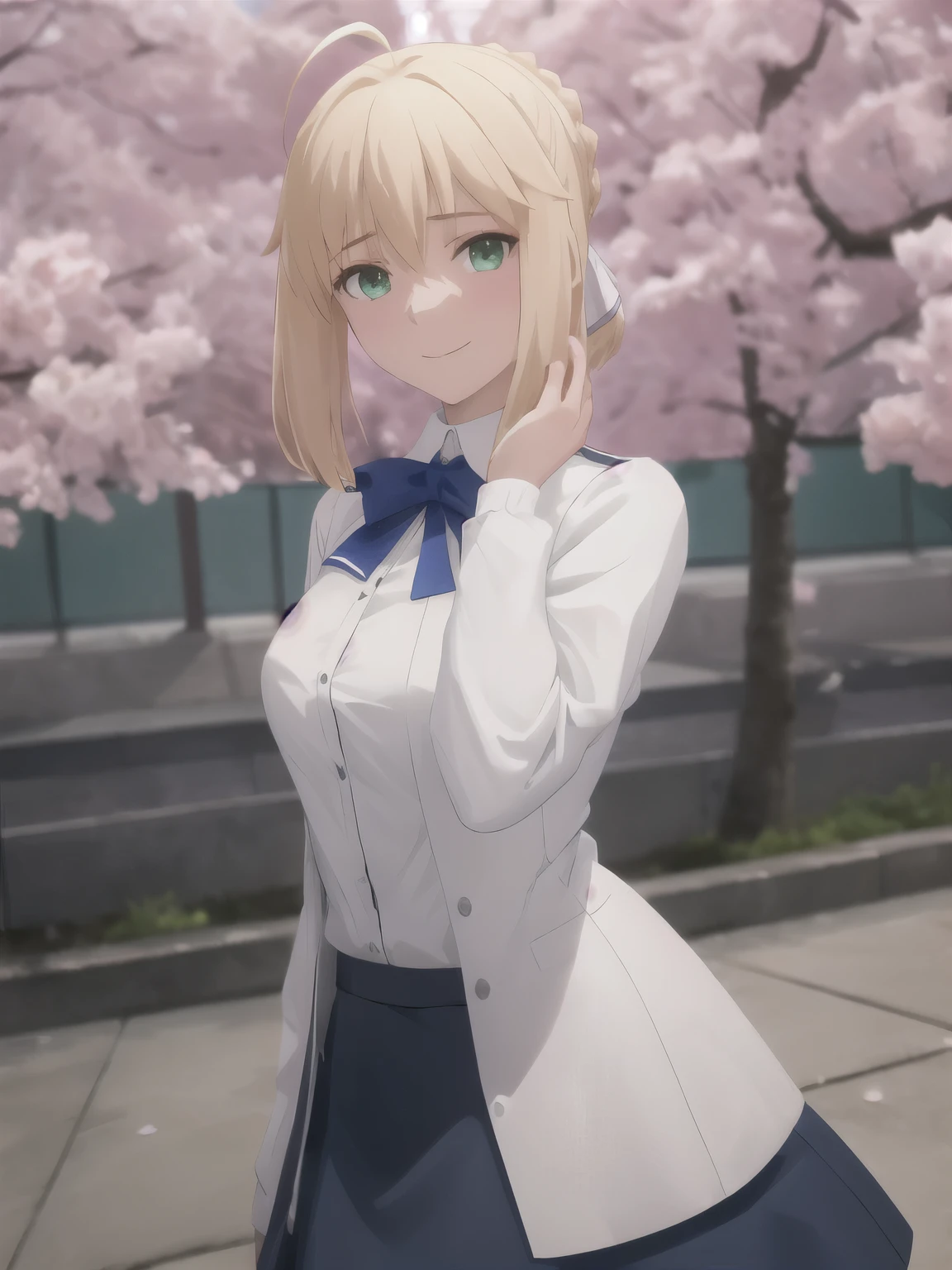 best quality, masterpiece, highres, ray_tracing_graphic, solo, adult_female, {saber_fatestaynightufotable:1.15}, blonde_hair, little_ahoge, green_eyes, blue_ribbon, 1girl, anime_coloring, upper_body, happy, little_smile, five_fingers, blush, large_breasts, white_skirt, blue_school_jacket, blue_skirt, from_the_front, sakura_tree, sakura_festival