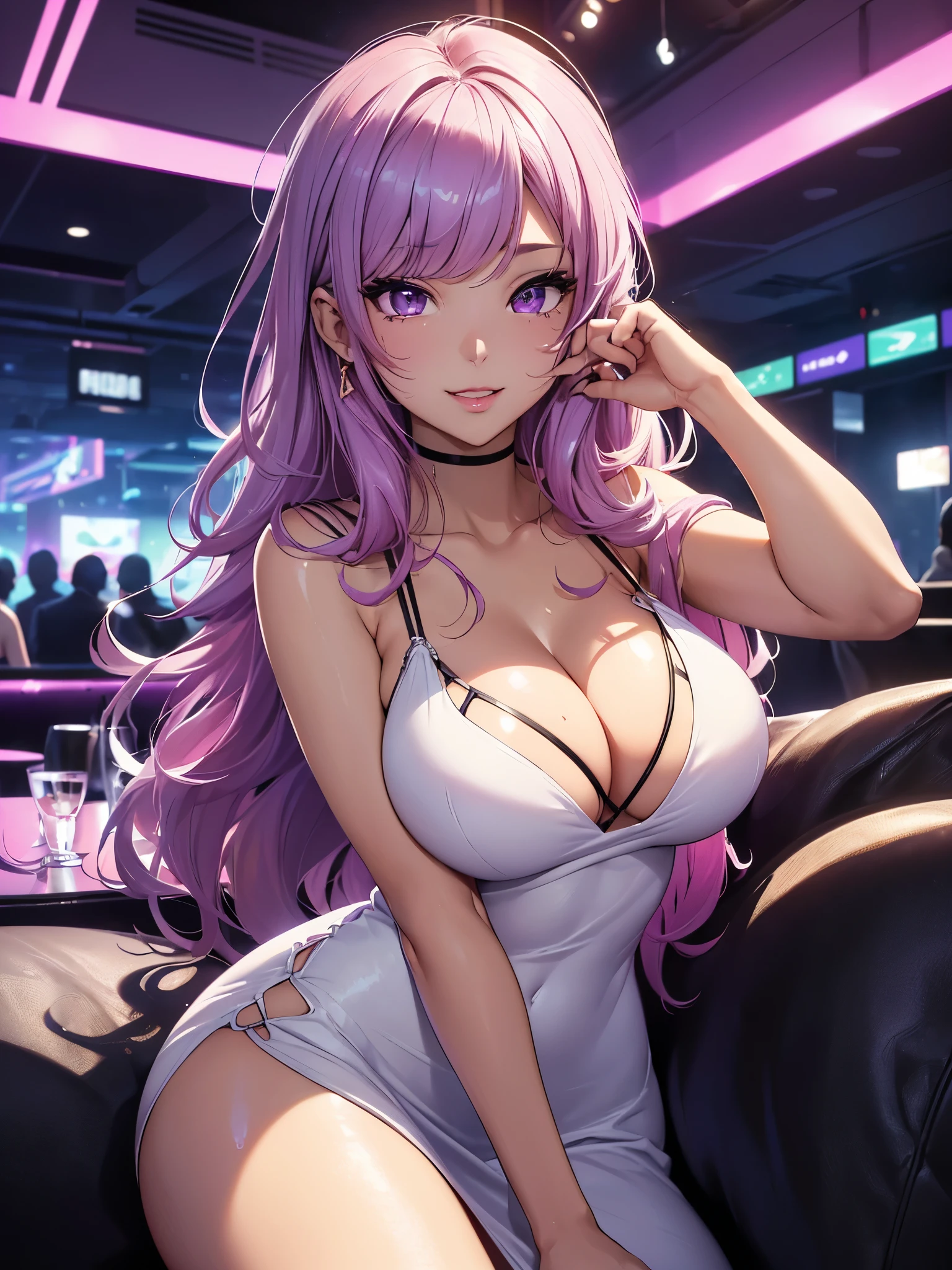 (sit next to:1.3, pov), Accurate human body、Detailed people、Correct five-finger、4K - ultra-vivid、highest quality, masterpiece, Ultra-high resolution, Detailed Background、The perfect background、
(((Oily skin,Sparkling Skin、Realistic skin texture、Detailed beautiful skin、Shiny skin、Slimy skin、Glowing Skin、Shiny skin)))、
((Golden lighting、seductive face、Ecstatic、sexual excitement))
Full Body Shot, Low camera angle, Perfect face and eyes、
(gyaru:1.2,Black straight long hair:1.8, White skin:1.5、cool beauty pyaru), ((super Slender body、Big Breasts)), (Night dress、split dress、 White dress :1.5、purple eyes、Pink Lip Gloss:1.3), (nightclub:1.1, Night lounge:1.1, Drunk, drink alcohol), kurogyaru, A large black sofa 、Young and cute gyaru, laughing happily