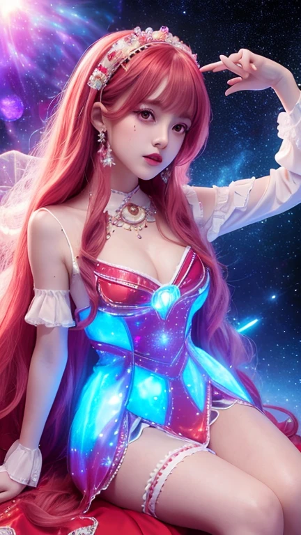 4K Ultra HD, Masterpiece, A girl with a magical aura, Good face, Long hair, shinny hair, Detailed eyes, Glossy lips, Wearing a red Lolita costume, The aura around the body, Magical effect, Spread white light, Cosmic elements and ethereal atmosphere, A mix of bright lights and colorful nebulae, universe background, Sitting, Full body capture,swim wears,be pregnant