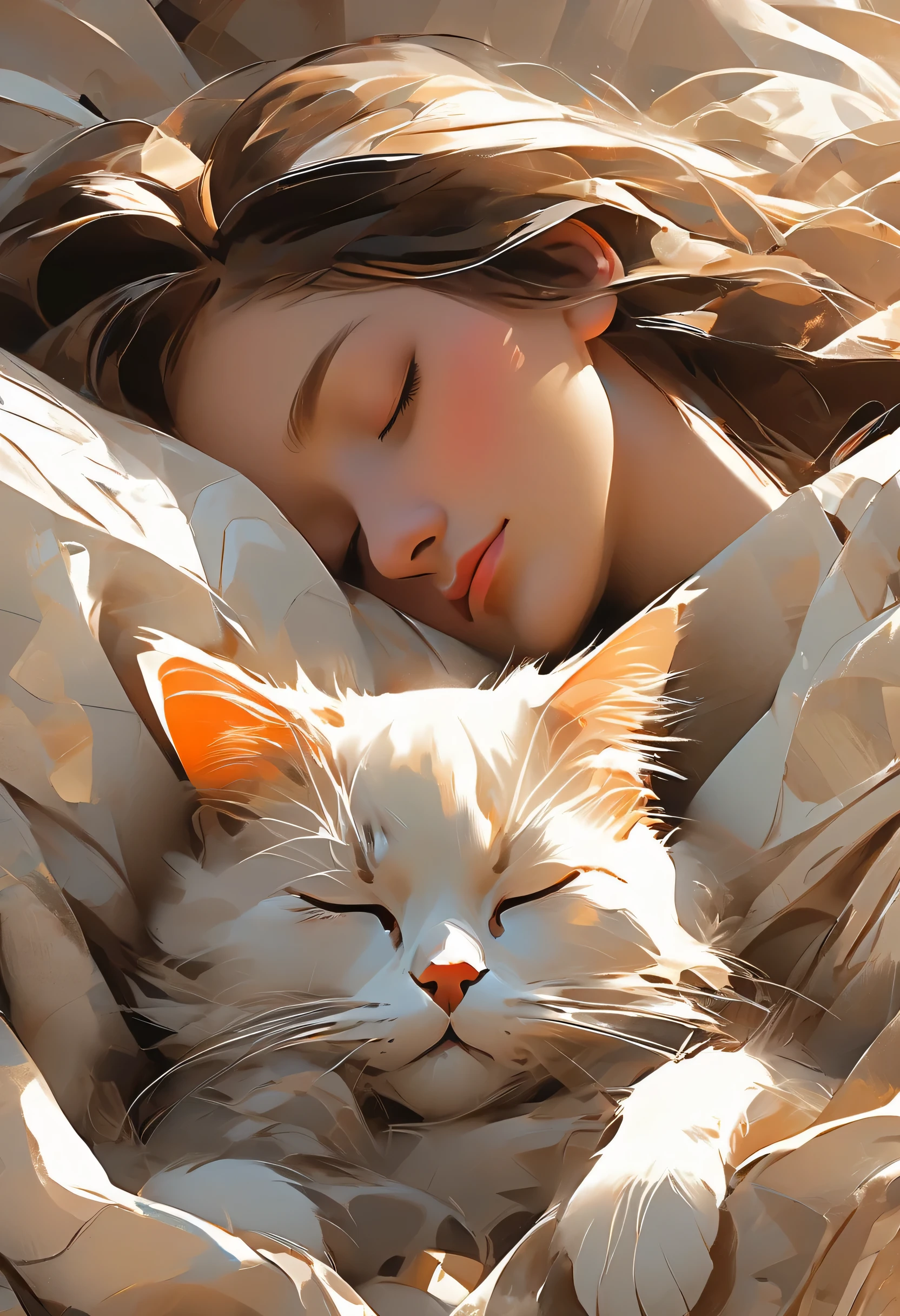 Abstract Style by Alisa Lazelle and Pierre Soulages, Ultra-high resolution, wallpaper, 8k,Richly textured details, Super detailed, Beautiful girl sleeping with cat、Eyes closed、Peaceful sleeping face、, Detailed Background, Elevation, . Non-expressive, Color and shape, emotional expression, Imaginative, Very detailed information