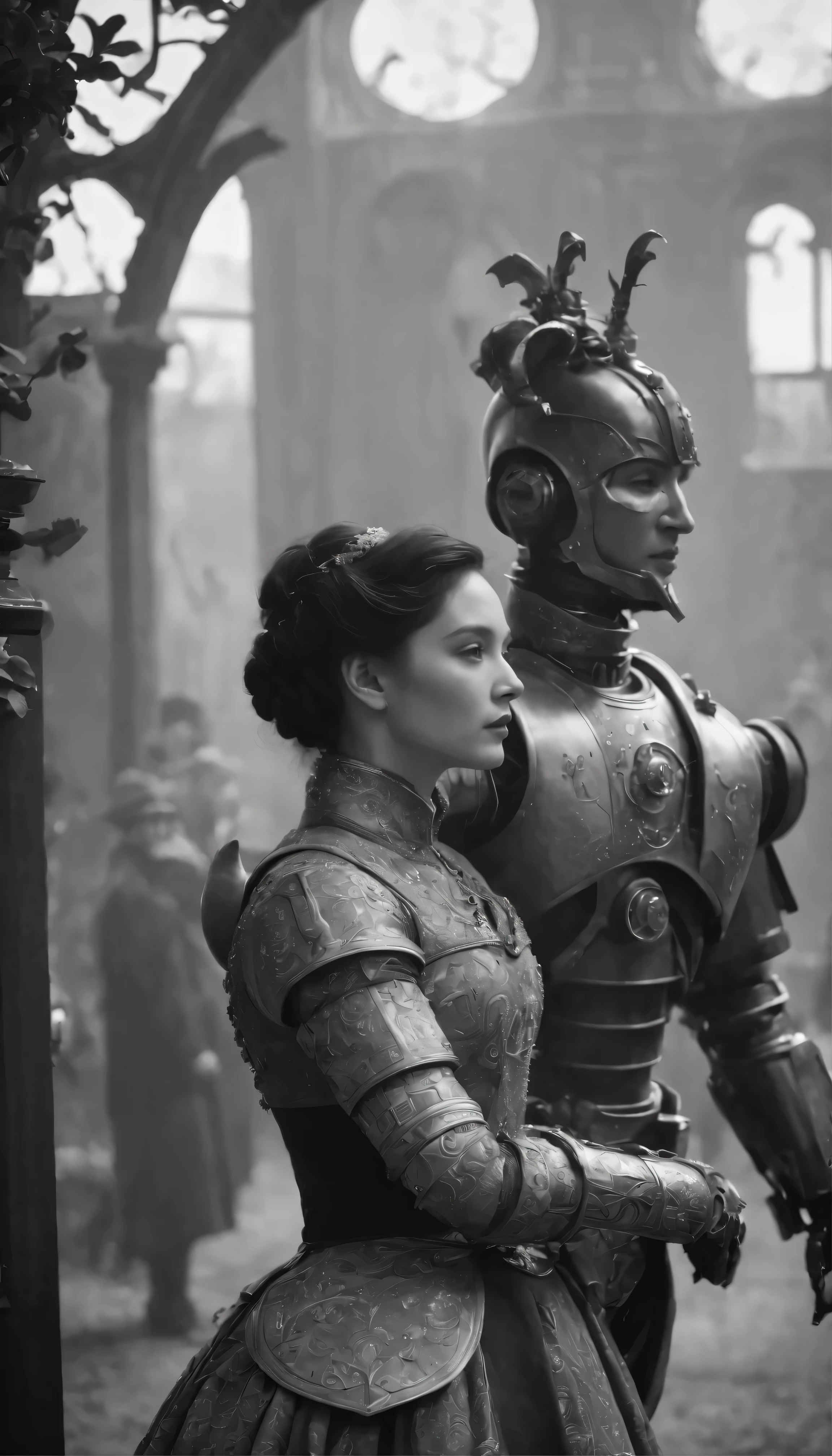 (masterpiece、highest quality)、In a Victorian sci-fi inspired scene、A woman and a robot standing side by side。A woman dressed in an intricately designed plaid outfit、He wears ornate armour reminiscent of the work of Hugh Kretschmer.。Nearby、A robot with gears and a metal exterior、Shining brightly under the dimly lit set。This enchanting scene is、The film is brought to life by the art of cinematography showcased in widescreen footage like the 2009 film.。Black and white color photos、As well as the art of fashion photography、Adds a timeless and mystical feel。