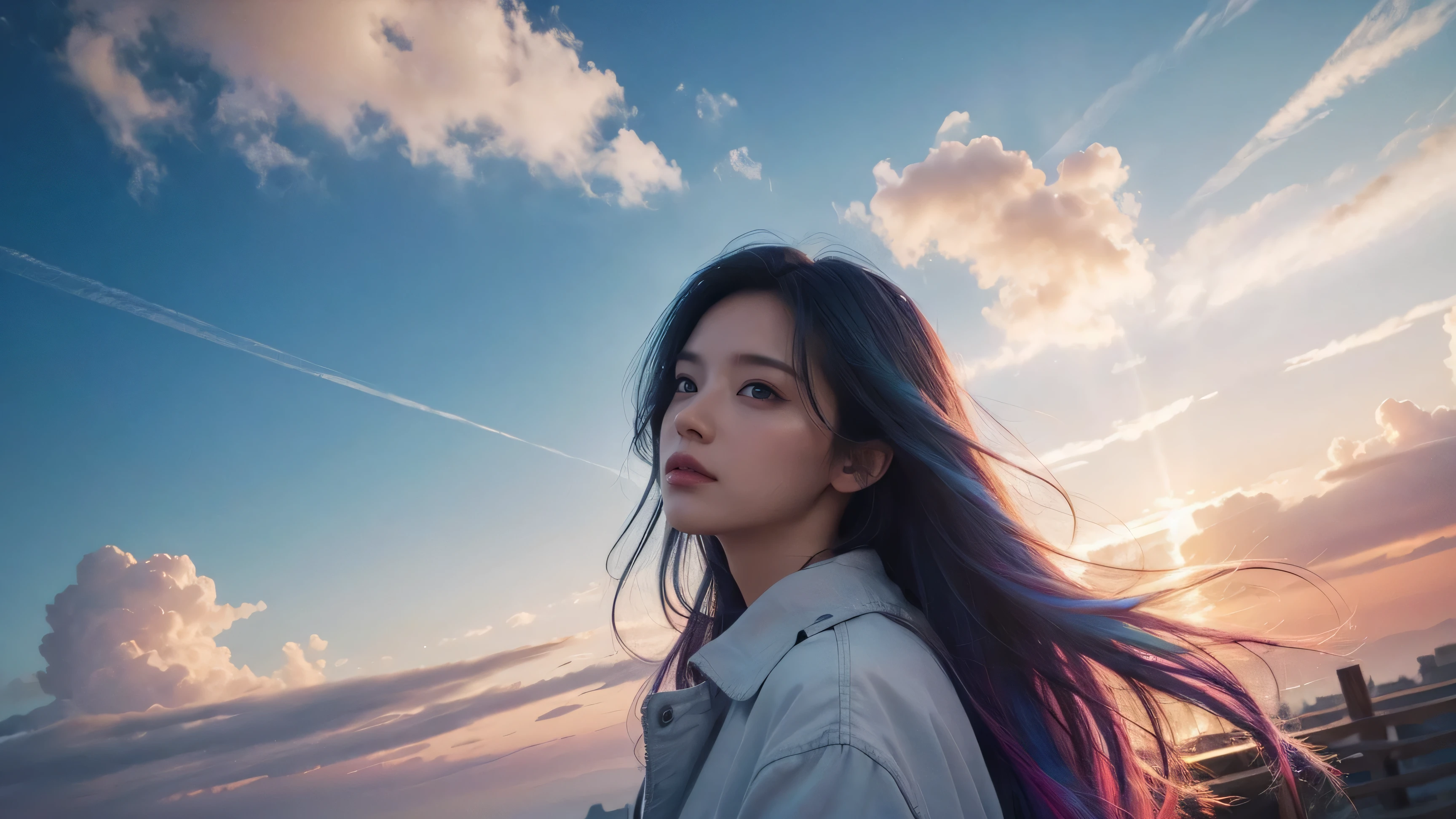 Clouds in the surrounding sky, The magic of light, Dreamy Background, Meaning background, Absurd background with artistic overlays, Colorful Hair, Hyperrealism, Cinematic lighting feel, Ray Tracing, Divine Light, Speed Line, viewing angle, Ultra HD, masterpiece, Best quality, Super Detail, High resolution, High Quality On, (Vision: 1.3)