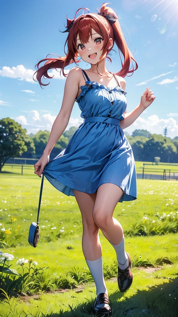 ore no imouto ga konna ni kawaii wake ga nai, 25-yers-old girl with crimson red hair- pulled up into twin ponytails, wearing a blue sundress, country field background, smiling, walking 