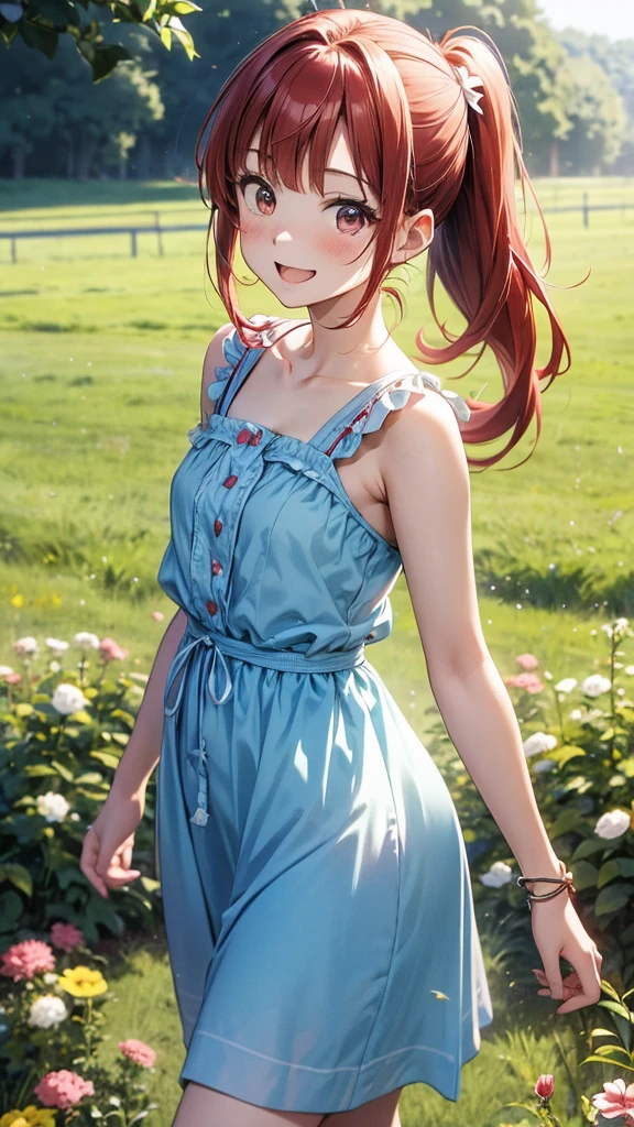 ore no imouto ga konna ni kawaii wake ga nai, 25-yers-old girl with crimson red hair- pulled up into twin ponytails, wearing a blue sundress, country field background, smiling, walking