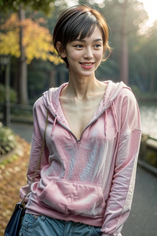 Best Quality, Masterpiece, Beautiful and Aesthetic, 16K, (HDR: 1.4), High Contrast, Bokeh: 1.2, Lens Flare, (Vivid Colors: 1.4),cinematic lighting,depth of field, film lighting, ambient light, side light, exquisite details and textures, cinematic lens, warm tones, (bright and intense: 1.2), wide-angle lens, hyper-realistic, (mideum shot), BREAK 1 girl,Japanese,22 yo,beautifull detailed face,A smile with a little visible teeth,(Slender body:1.5),((Wearing a hoodie)), BREAK pastel tiny tanktop, BREAK (cargo shorts:1.3), ((Have a small handbag)), Beautiful detailed skin,Skin Texture,((fluffy hairstyle)),Black very short  wavy pixie hair over one eye,(cleavage),cheerful pose,day,daylight,outdoor,(braless),Glasses,naval,