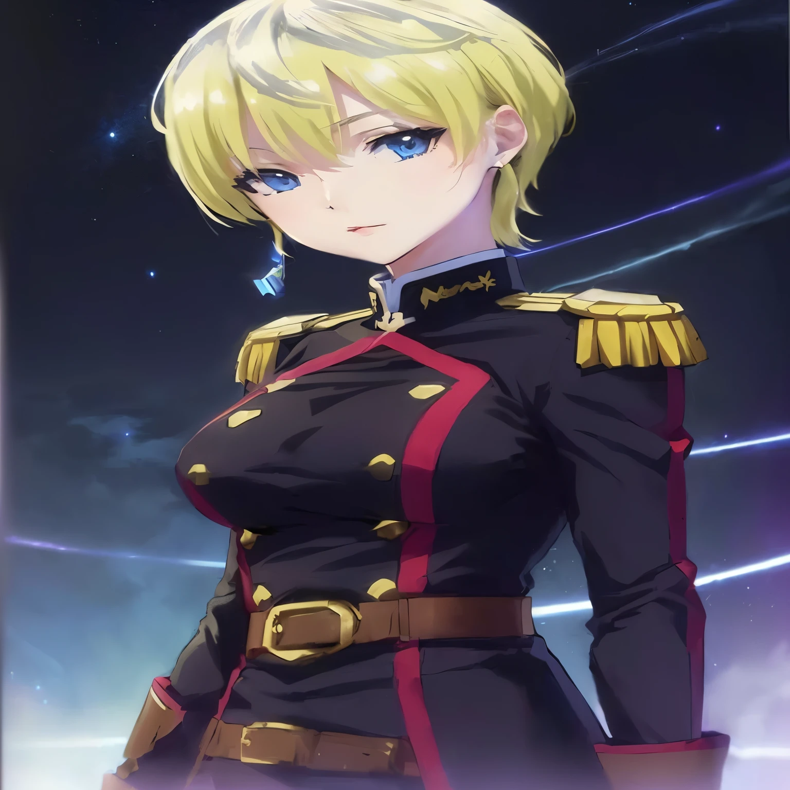 a woman in uniform standing in front of a space background, inspired by Li Chevalier, artoria pendragon, portrait of a female anime hero, female anime character, portrait anime space cadet girl, in black military uniform, in black uniform, official art, anime visual of a young woman, shuushuu anime image, gilded black uniform, android heroine