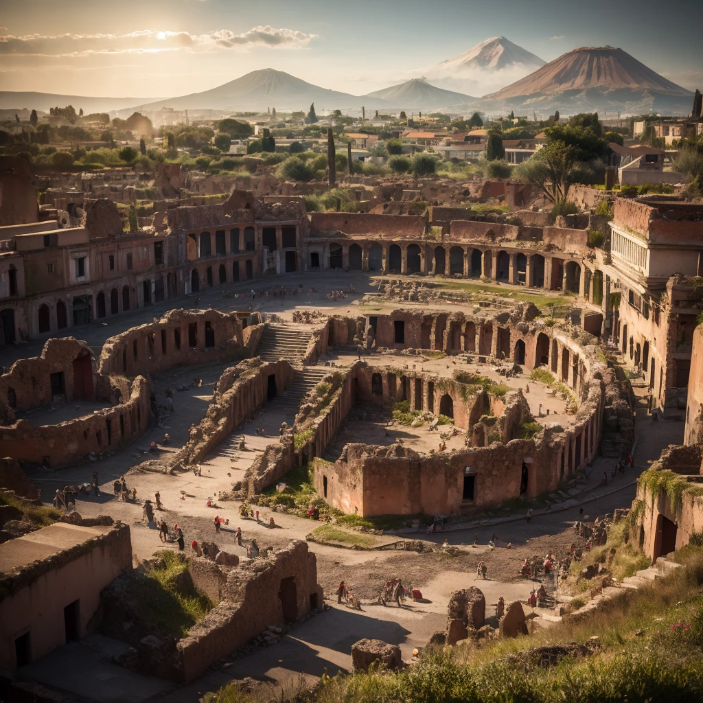 Vesuvius erupts, incandescent lava submerges Pompeii. Roman ruins and wasted Colosseum. Dawn over ancient Pompeii, ancient Rome, the city of Pompeii, the heyday, behind roman city the volcano Vesuvius erupting, lava runs in the streets and over houses in flames. Roman pillars in front view. Close up of pillars. 8k render, HDR,